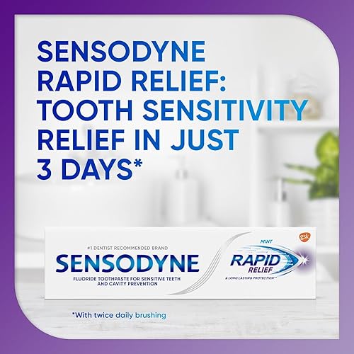 Miniatura 5 de Sensodyne Pasta de dientes Rapid Relief para dientes sensibles, menta con flúor, pasta dental sensible para adultos para dientes y encías dolorosos,