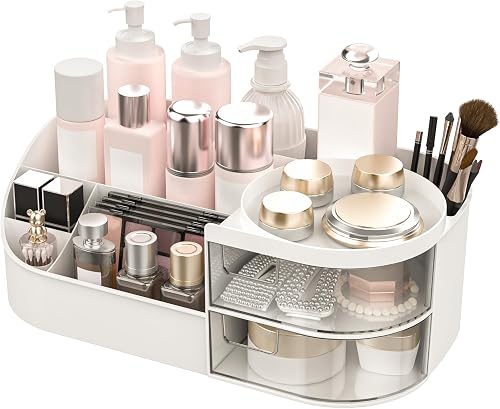 Makeup Organiser, Large Capacity Cosmetic Organisers for Beauty Skincare Jewelry, Make Up Storage Cosmetic Dressing Table Organiser Makeup Box with Drawer for Bedroom Bathroom Dresser Office (White)
