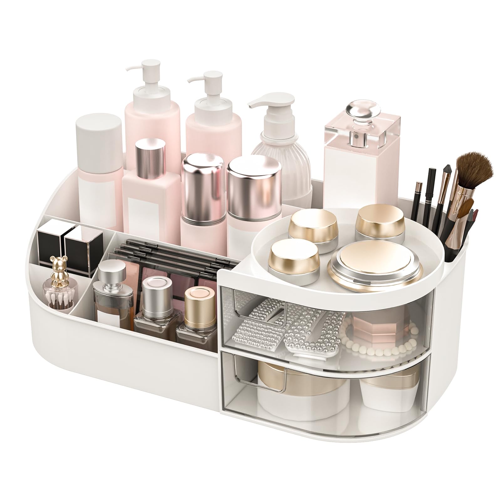 Goldenough White Makeup Organiser, Large Capacity Cosmetic Organisers For Beauty Skincare Jewelry, Make Up Storage Cosmetic Dressing Table Organiser Makeup Box With Drawer For Bedroom Bathroom Dresser Office (White)