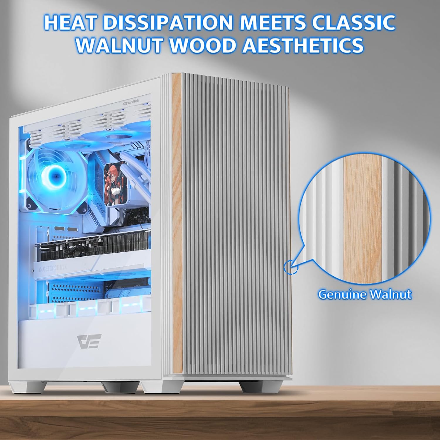 darkFlash DS900WS(2025) ATX PC Case, Genuine Walnut Wood, High Airflow, Pre-Install 4x120mm PWM ARGB Fans Computer Case, Mid-Tower Gaming PC Case, Type C Port, up to 360mm AIO(White)