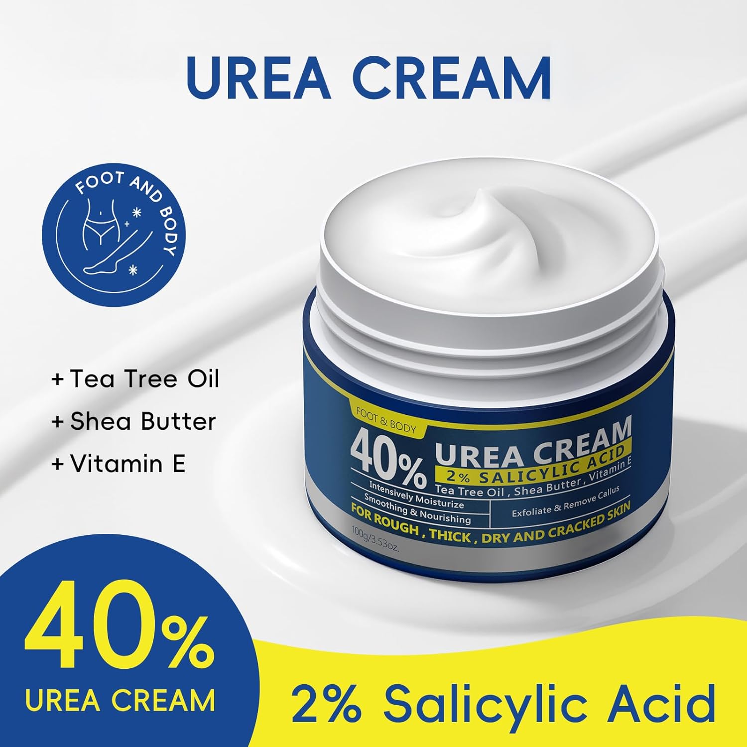 2 Pack Urea Cream 40% + 2% Salicylic Acid, 3.53 oz - Maximum Strength Foot & Hands Moisturizer for Rough, Dry Cracked Skin, Callus Remover with Deep Hydration, Intensive Repair for Feet, Heels - Image 2