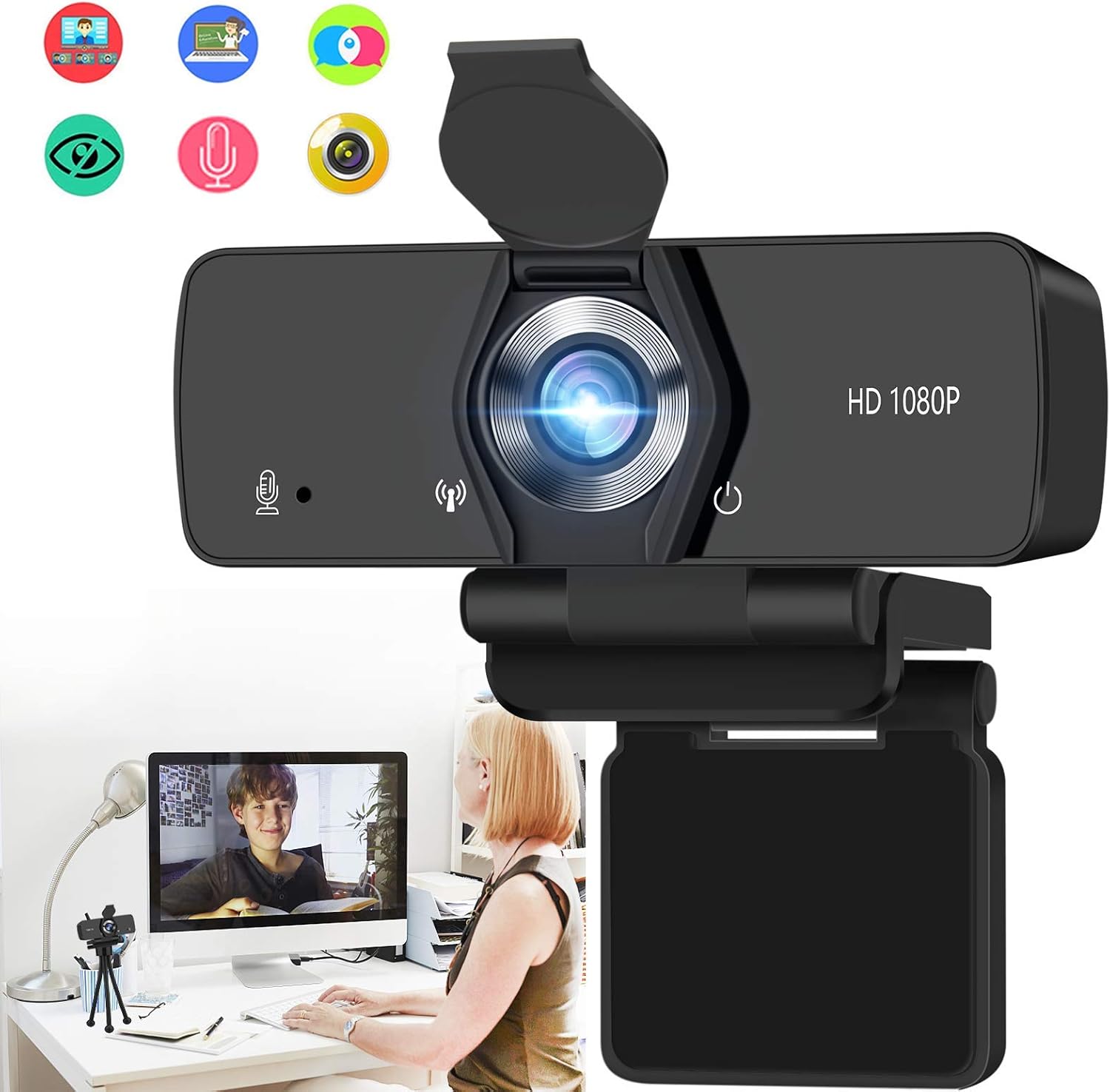 PC Webcam, 1080P Full HD Webcam USB Desktop & Laptop Webcam Live Streaming Webcam with Microphone Widescreen HD Video Webcam 90-Degree Extended View for Video Calling (HD Webcam)