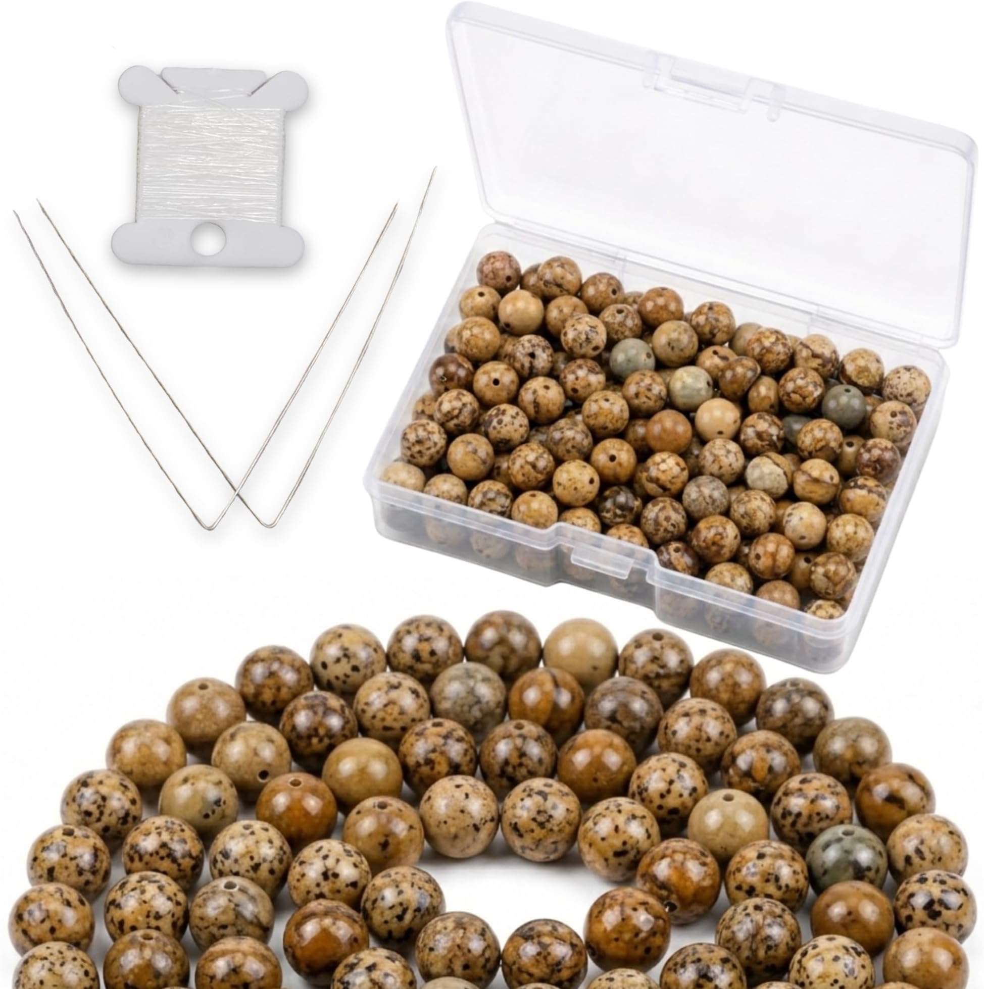 Cherry Tree Collection 100Pcs Set Picture Jasper 8mm Beads | Natural Picture Jasper Gemstone Round Loose Beads for Jewelry Bracelet Necklace DIY Kit with Box Elastic String & Needles