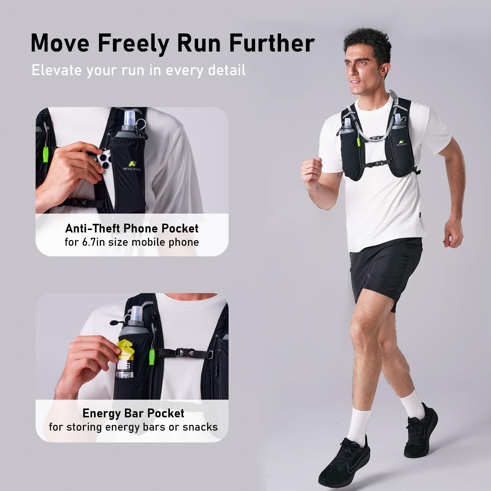N NEVO RHINO Gilet de course à pied, gilet d'hydratation de 5,5 l avec poche à eau de 2 L, sac à dos d'hydratation léger pour randonnée, course