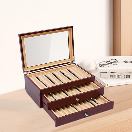 Miniatura 6 de 3 Layer Wood Pen Display Box, 34 Slot Wood Pen Display Organizer with Visible Glass Lid, Red Fountain Pen Storage Box for Desk, Study, Living Room