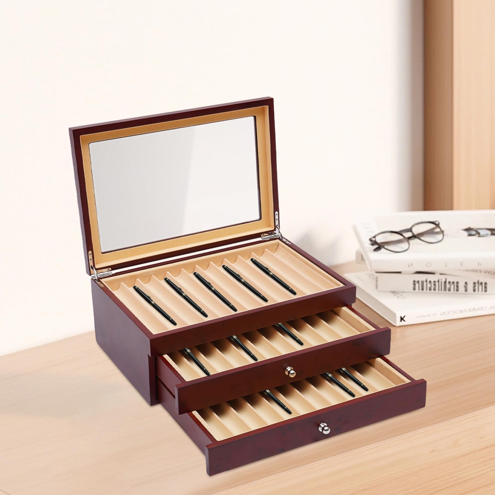 Scatola portapenne rettangolare retrò a 34 livelli, portapenne in legno + organizer per vetrina, coperchio visibile, cerniere robuste, per la conservazione di molti diversi tipi di penne