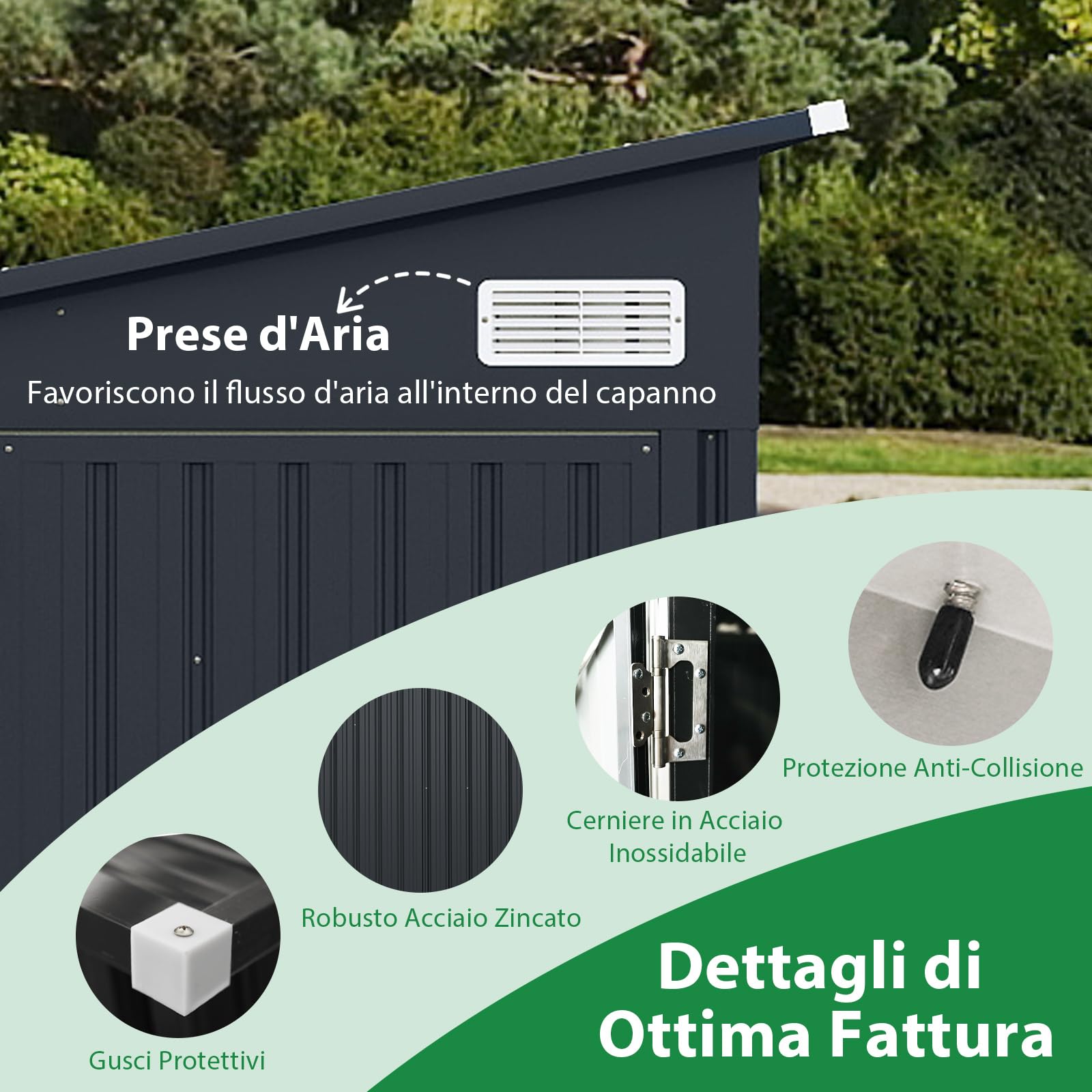 COSTWAY Capanno da Giardino 235 x 174 cm, Casetta Porta Attrezzi da Esterno in Acciaio Zincato con 3 Porte Bloccabile, Tetto Inclinato e Prese d'Aria, Ideale per Cortile e Patio