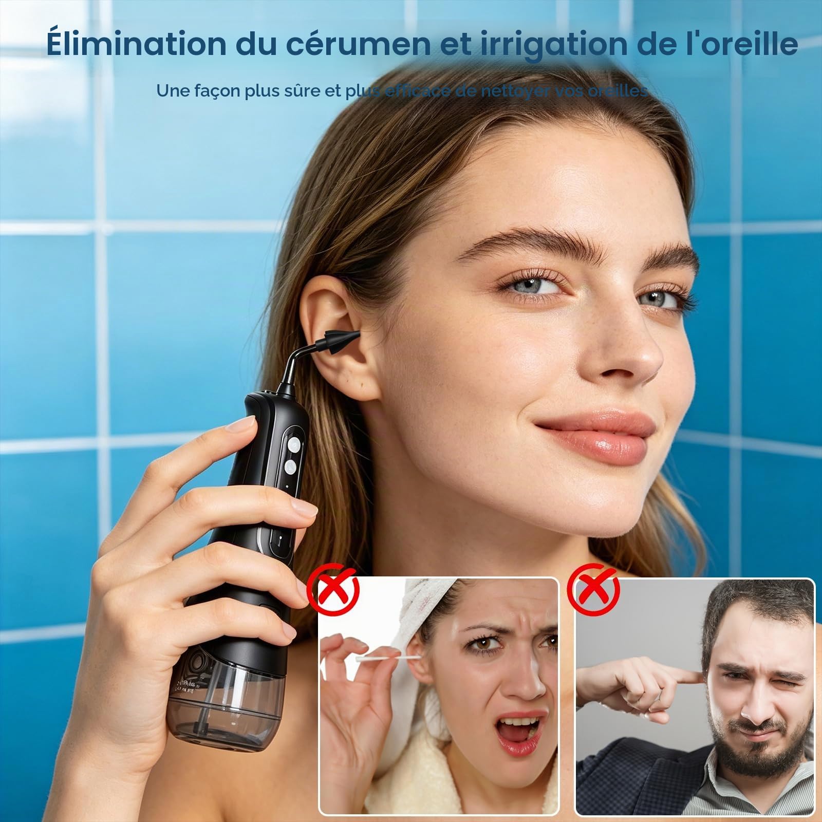Nettoyeur d'oreille électrique avec 4 modes de pression, étanche IPX7, douche d'oreille avec 4 buses, rinçage des oreilles pour usage domestique, nettoyant auriculaire pour enfants adultes, noir