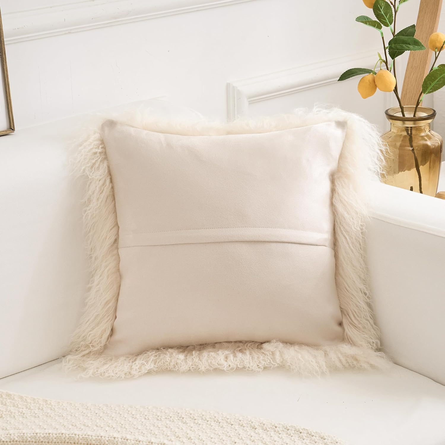 Genuine Mongolian Lamb Fur Pillow Cover – Soft Curly Sheepskin Cushion Case – Decorative Throw Pillow for Sofa, Couch, or Bed Sizes (Beige, 20" x 20")