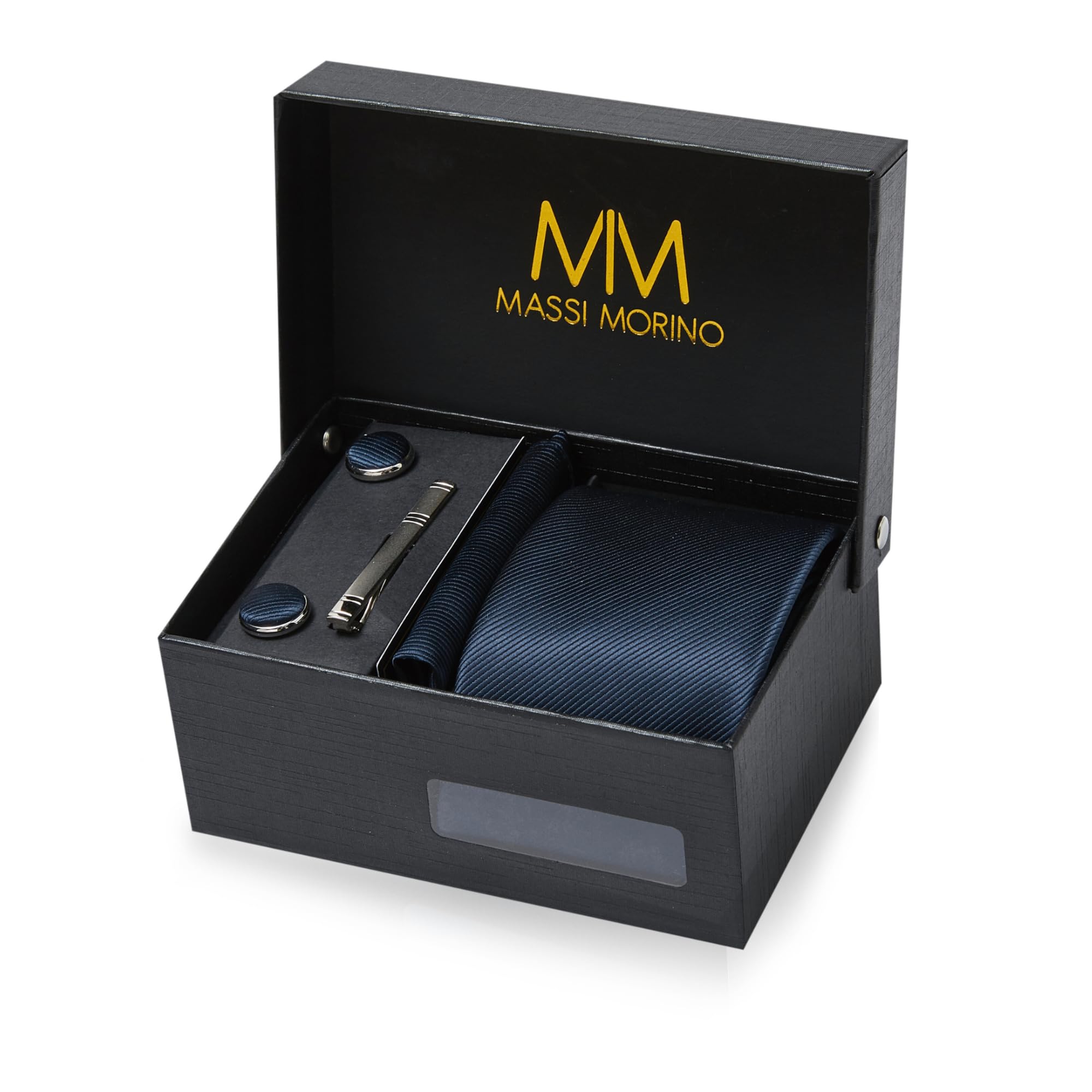 Krawatte Dunkelblau mit Einstecktuch Set Herren inkl. Manschettenknöpfe, Krawattennadel und Geschenkbox - Männer Krawattenset