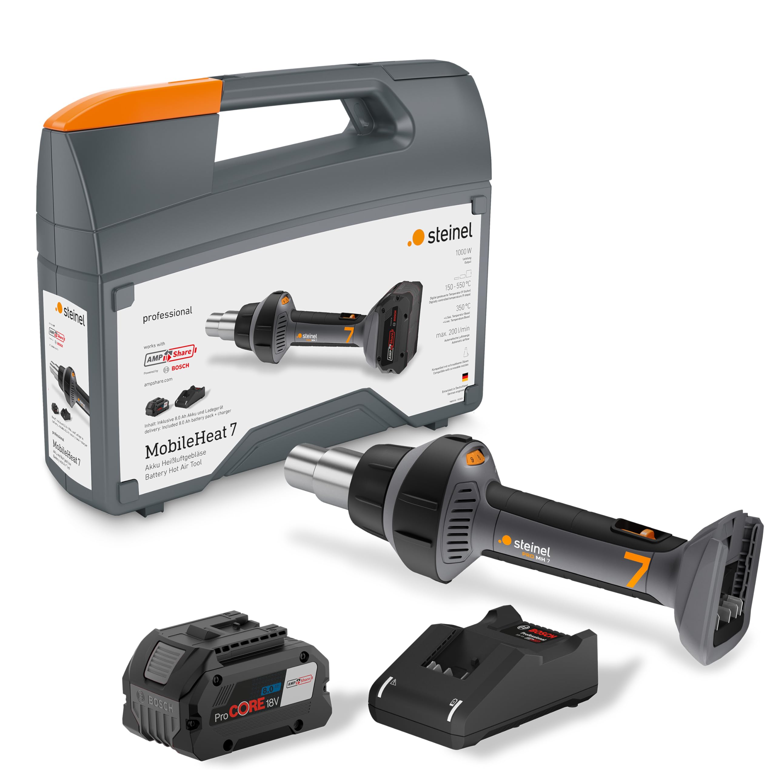 Pistolet à air chaud sans fil Steinel MobileHeat MH 7 | AMPShare 18 V Décapeur thermique professionnel, y compris batterie 8,0Ah et chargeur, 150 - 550 °C, 200 l/min