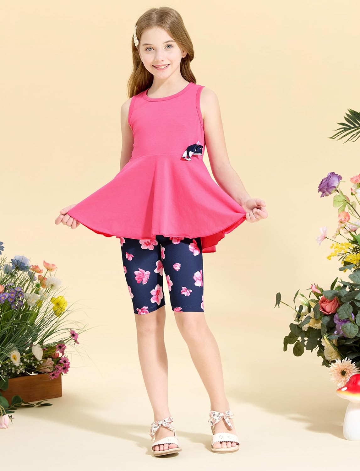 PATPAT Girls Summer 2 Piece Outfits 4-12Y Butterfly Bow Sleeveless Tunic Tops and Floral Print Shorts Cute Clothes - Image 2