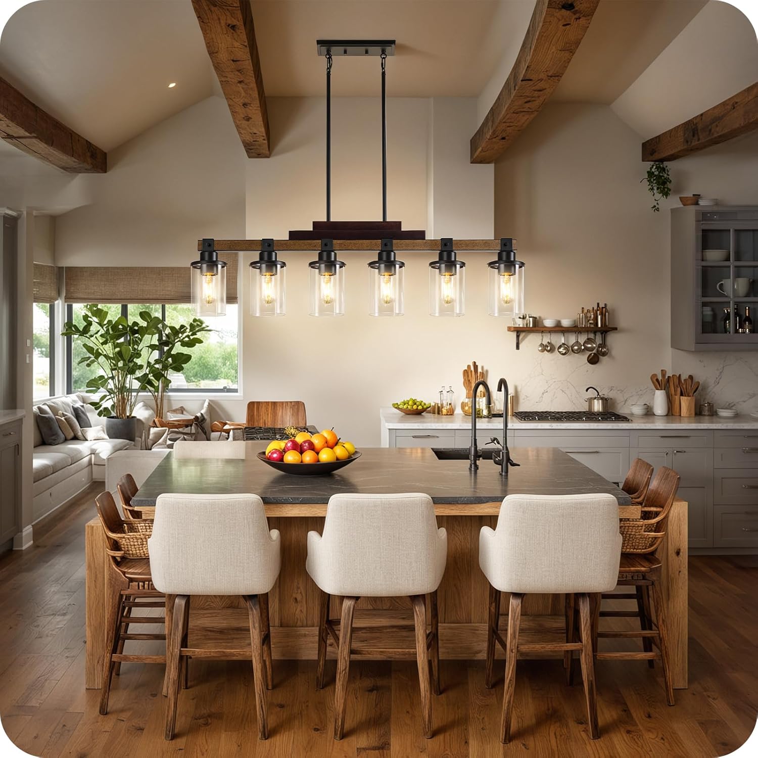 6-Light Kitchen Island Lighting Heavy Duty, Dining Room Light Fixture with Glass Shades, Kitchen Island Pendant Light Fixture, E26 Base, for Kitchen, Dining Room F02DT05