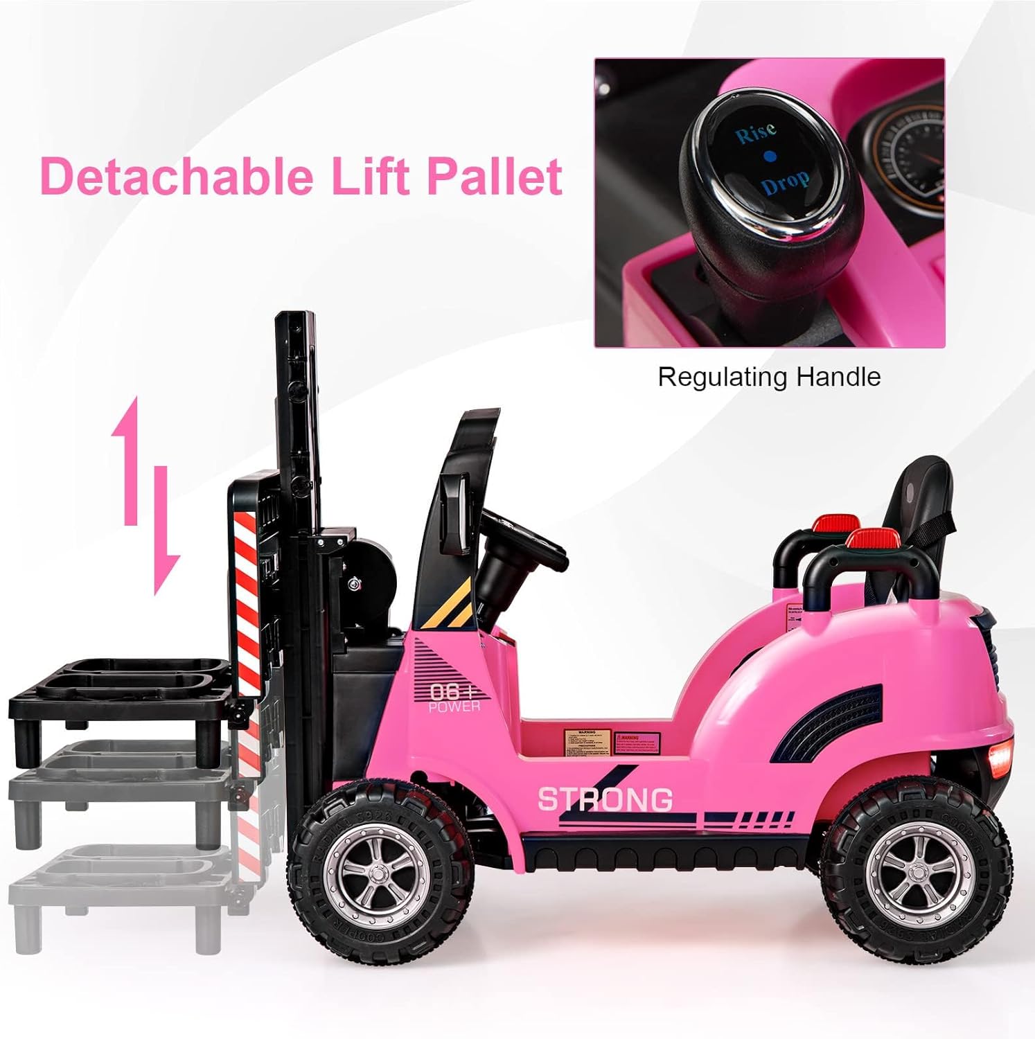 OLAKIDS Ride on Forklift, 12V Kids Electric Vehicle Construction Truck with Remote Control, Liftable Fork and Pallet, Toddlers Battery Powered Car with 2 Speeds, Music, USB, MP3, Lights (Pink)