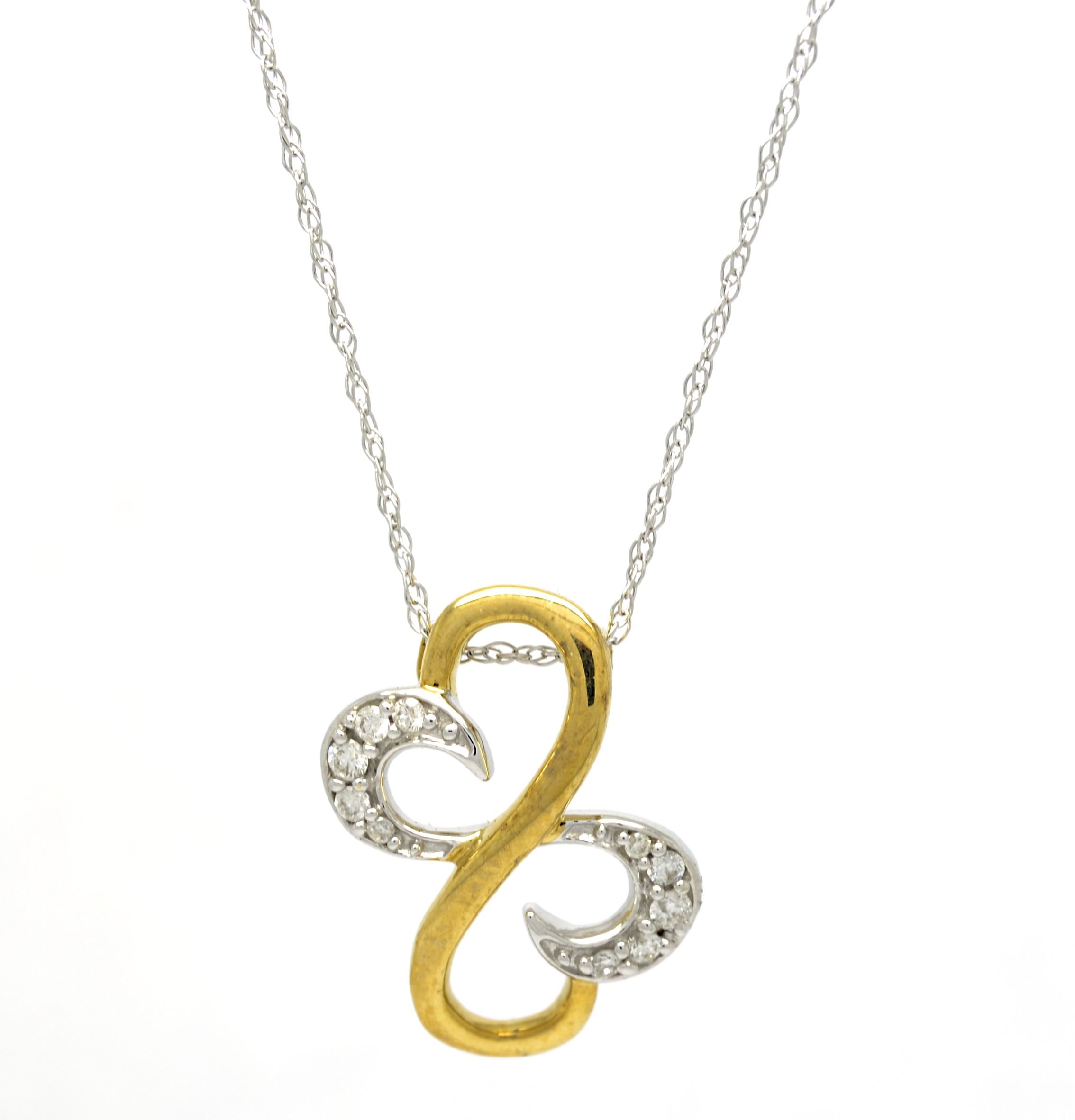 AFJewels 10K White and Yellow Gold 0 .10 Ct Diamond Double Heart Infinity Pendant