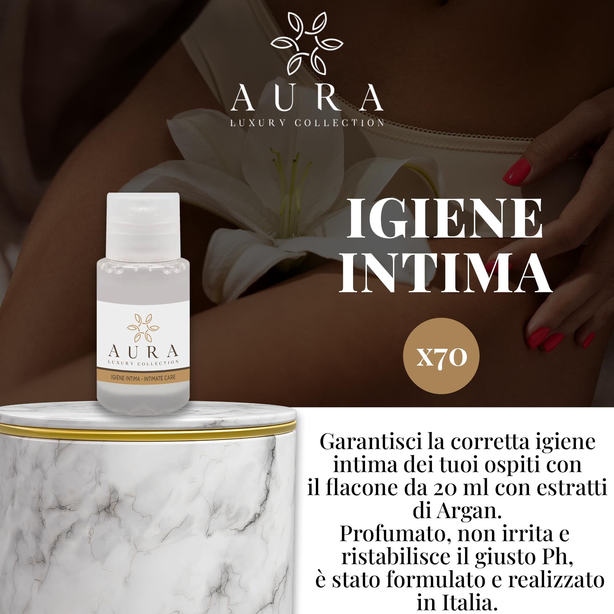 Aura Luxury Collection Kit Cortesia 250 pezzi: 70 flaconi doccia shampoo, 70 flaconi igiene intima, 40 cuffie, 50 bicchieri cartoncino imbustati, 20 paia di pantofole + OMAGGIO 500 fasce garanzia WC