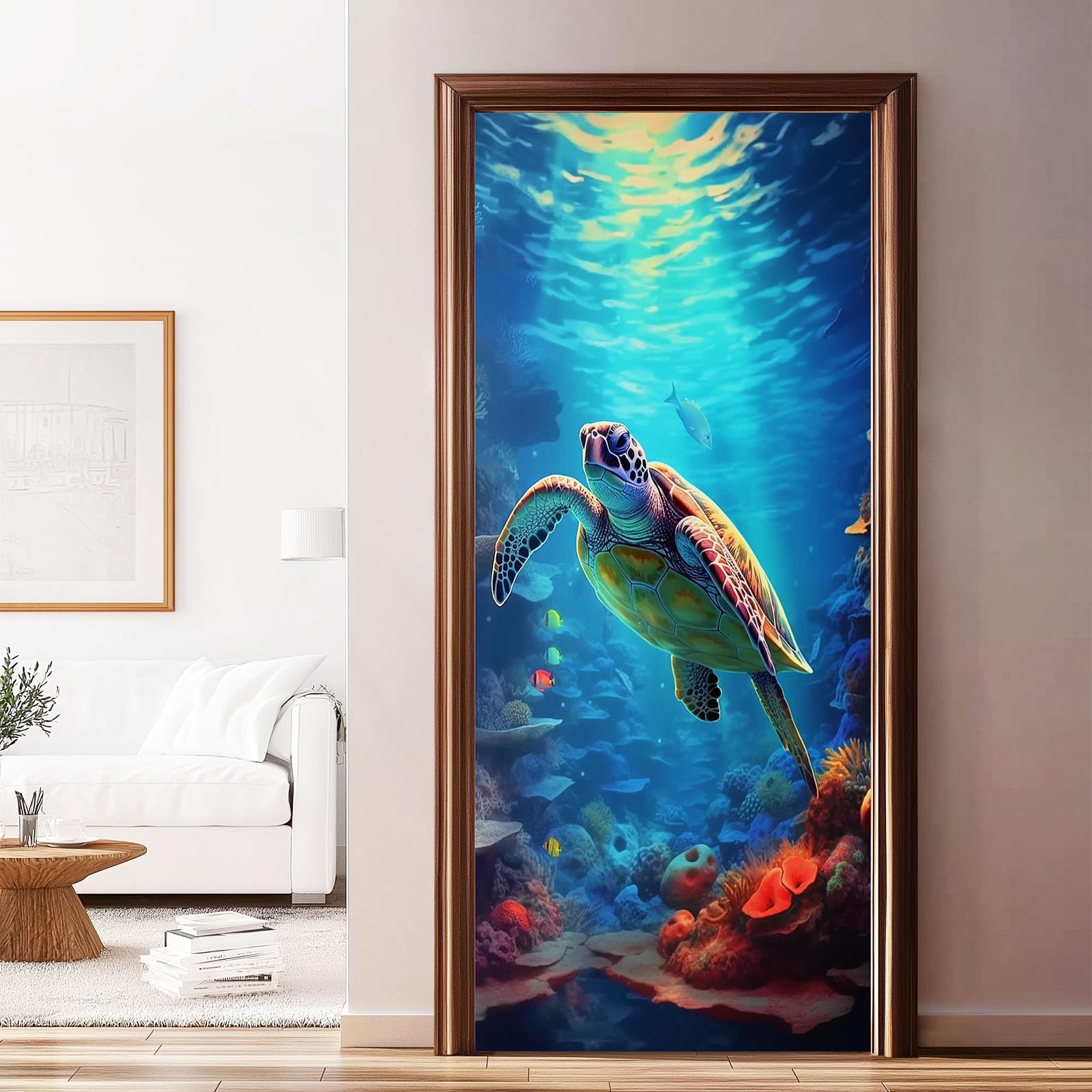 Naklejka na drzwi zwierzę żółw morski 95x215 cm plakat na drzwi naklejki ścienne, samoprzylepna naklejka ścienna koralowy podwodny świat, do sypialni salonu kuchni łazienki, niebieska
