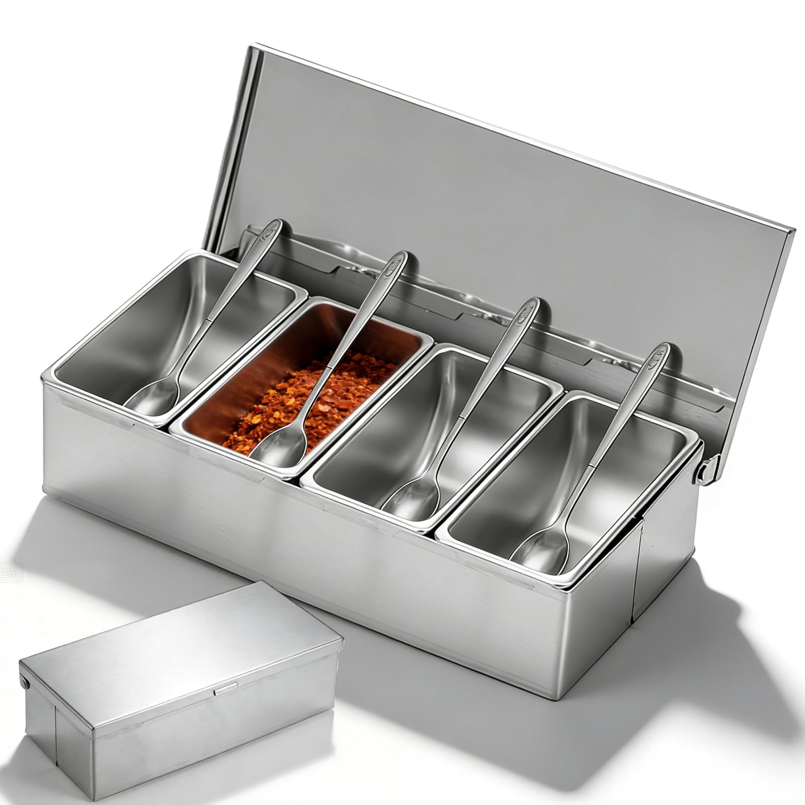 Recipiente para ingredientes de acero inoxidable con 4 compartimentos, 450 ml, recipiente para guarniciones con tapa, 30 x 14 x 8 cm, recipiente para ingredientes para cócteles, especias, barbacoa