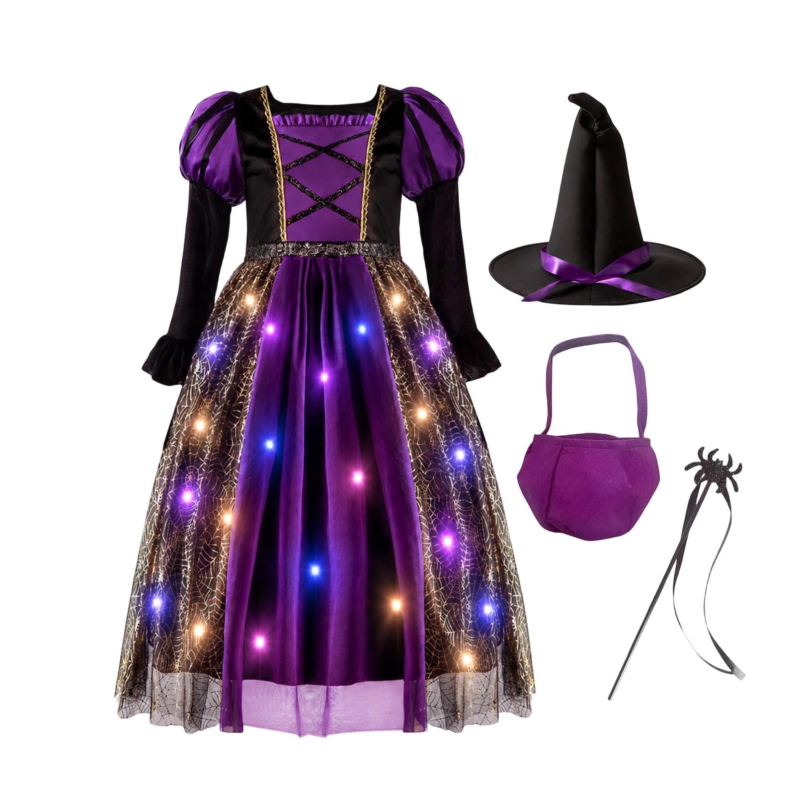 Witch Costume Kids, 4 PCS Girls Light Up Halloween Costumes with Wizard Hat