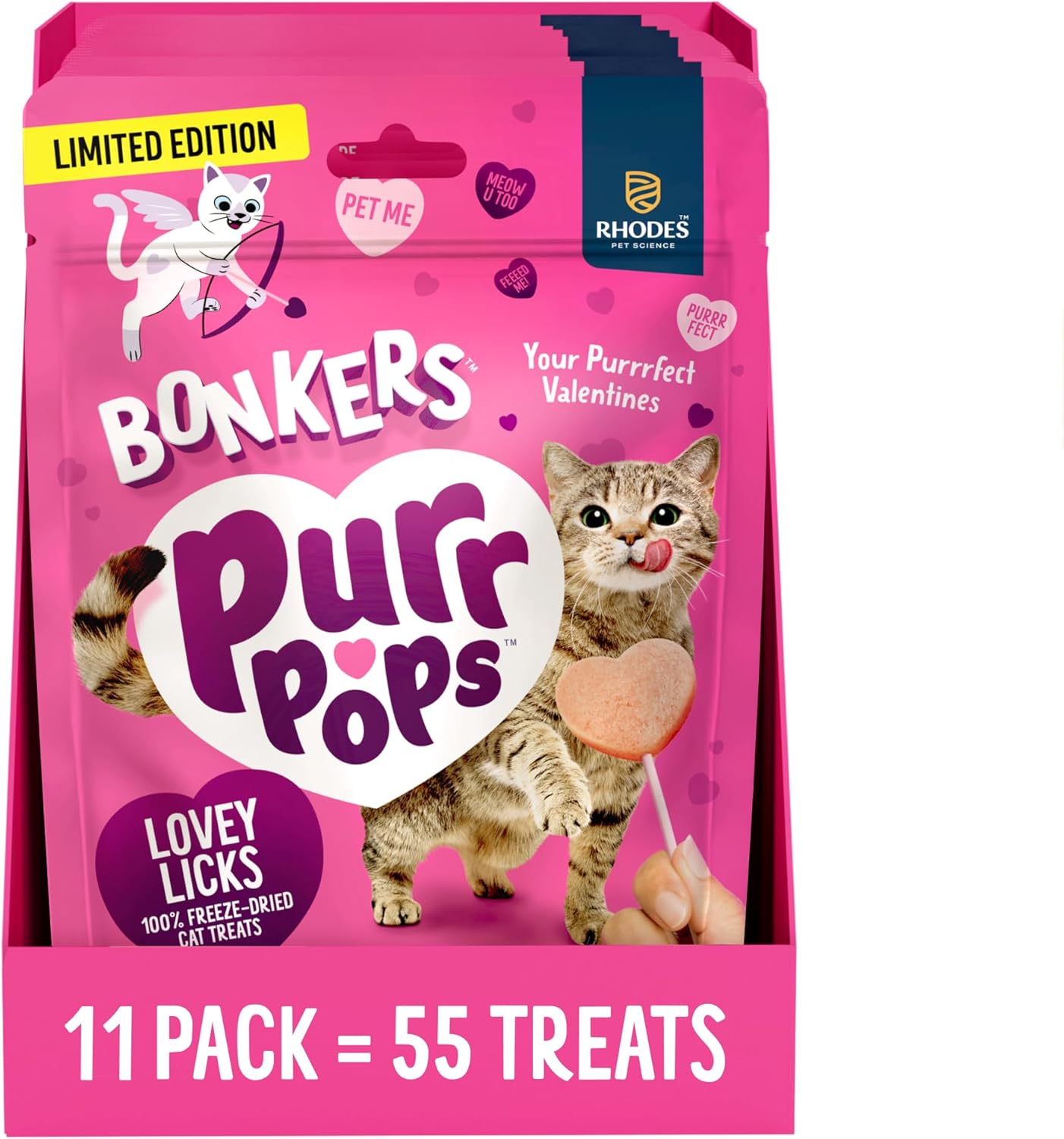 Bonkers Purrpops Valentines Edition Freeze-Dried Chicken Flavored Lollipop Treats for Cats (11 Pack, 55 Treats)