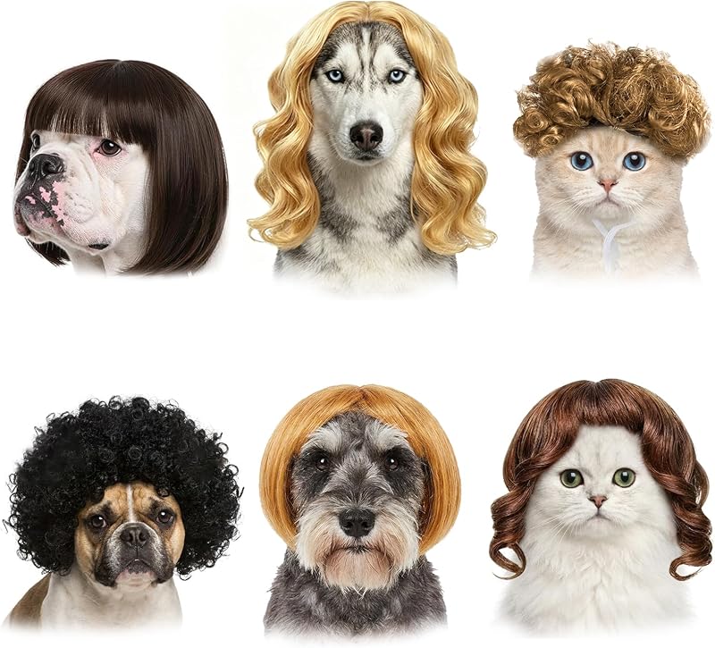 Paquete de 6 pelucas divertidas para perros y gatos | Disfraz de cosplay suave para mascotas, correas ajustables, disfraz de fiesta de Navidad de Halloween, regalo ideal para amantes de las mascotas