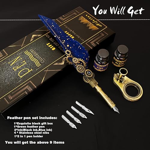 Miniatura 4 de Juego de tintas para caligrafía, incluye bolígrafo de plumas, 2 botellas de tinta de color, soporte 2 en uno, 4 puntas de acero inoxidable, caja de