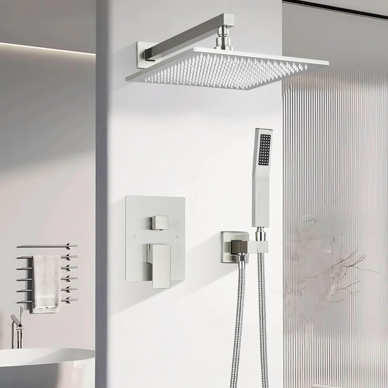 Suguword Shower Faucet Set Brushed Nickel Rain Shower System with 12 Inch LED Square Rainfall Shower Head and Handheld Spray Luxury Bathroom Shower Faucet Sets Complete Combo Set Wall Mounted