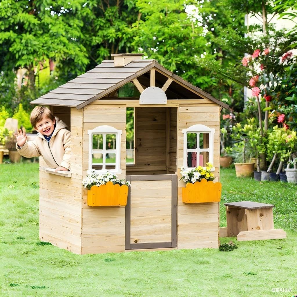Wooden Children's Play House, Outdoor Garden Lawn Terrace Courtyard Cottage, Suitable for Children Aged 3-7, Equipped with Doors, Windows, Benches, Service Stations, Flower Pot Racks