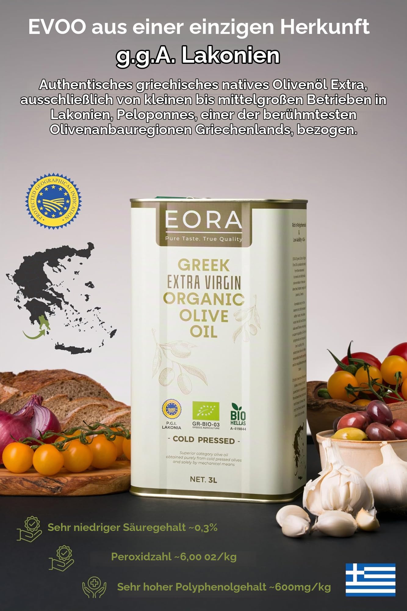 EORA Premium Bio Griechisches Natives Olivenöl Extra 3L (Neue Ernte 25/26) – Hoher Polyphenolgehalt, kaltgepresst, sehr niedriger Säuregehalt ~0,3% – Einzelnachweis (g.g.A.) Lakonien, Griechenland.