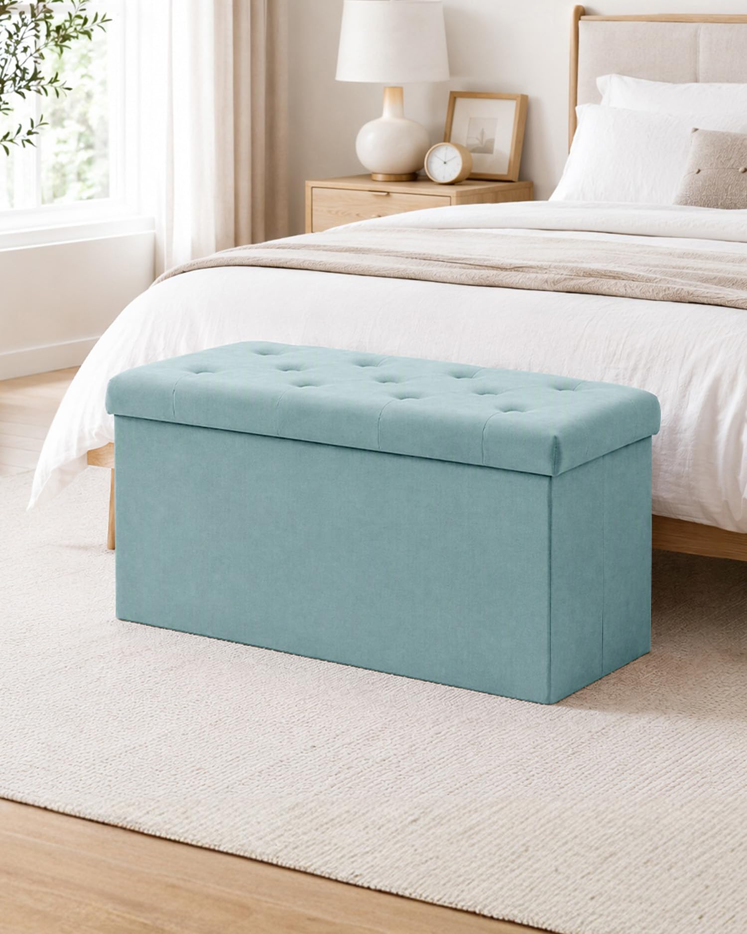 Bonlife Pliable Banc de Rangement Poufs et Repose Pieds Grand Coffre a Jouet Banc avec Espace de Rangement Flanelle Verte 80X40X40cm