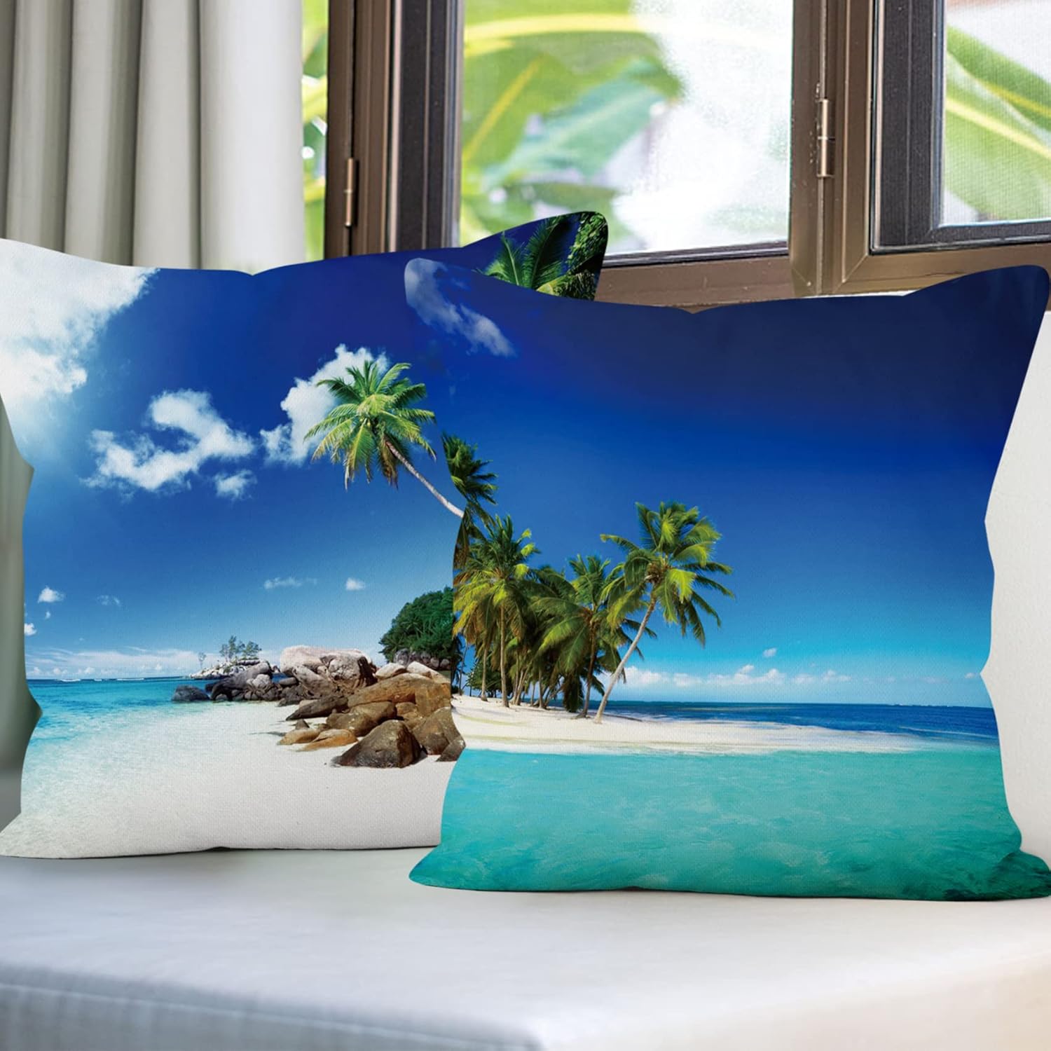 Baocicco 20x20 inches 4pcs Seaside Natural Landscape Linen Pillow Covers Tropical Palm Trees Blue Sky Beach Scene Square Throw Pillow Case Home Decorative for Sofa Bedroom Office Car Living Room