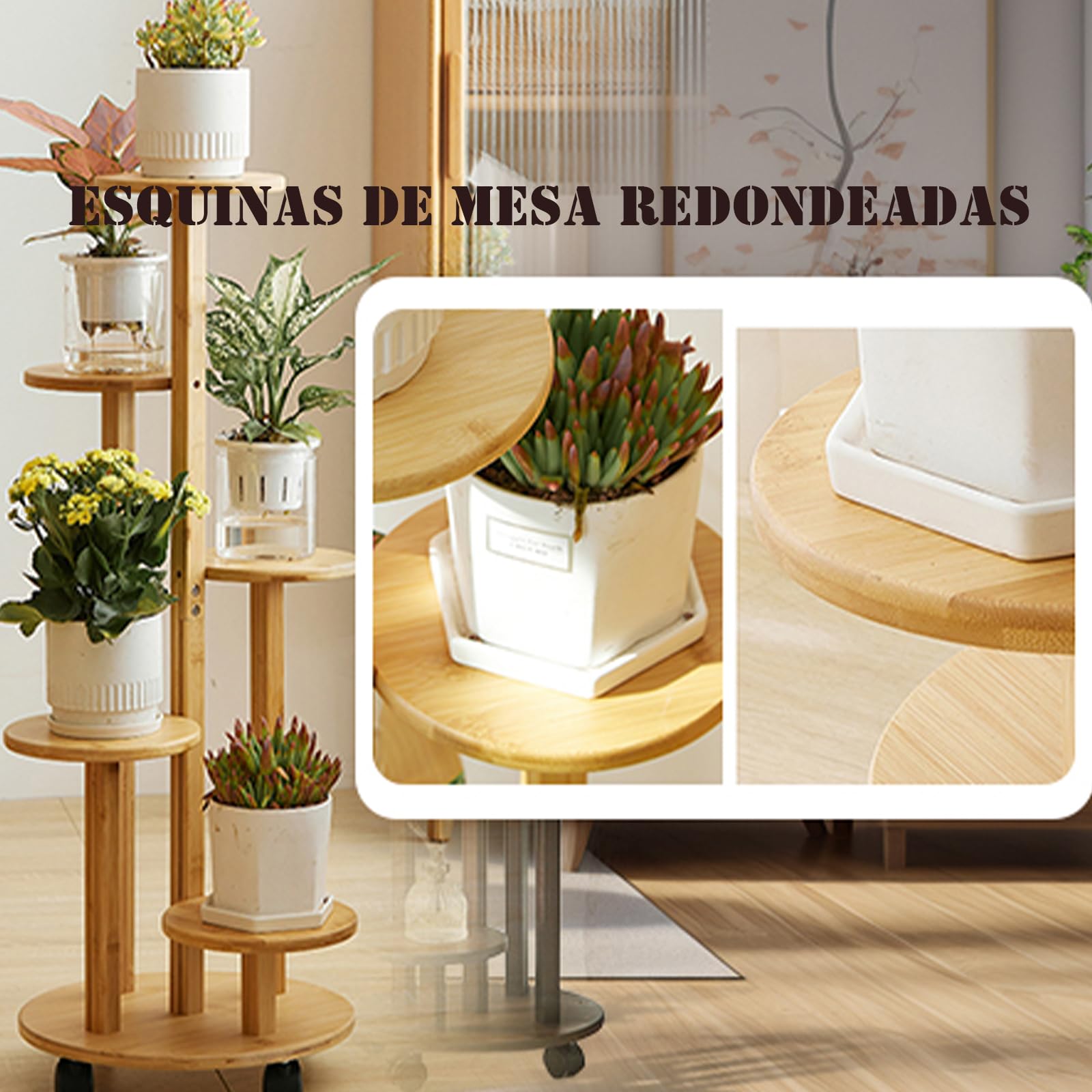 Soporte para flores de bambú con ruedas, 5 niveles, 90 cm, estantería esquinera de madera para plantas, para balcón y exterior, chasis de 33 cm de diámetro