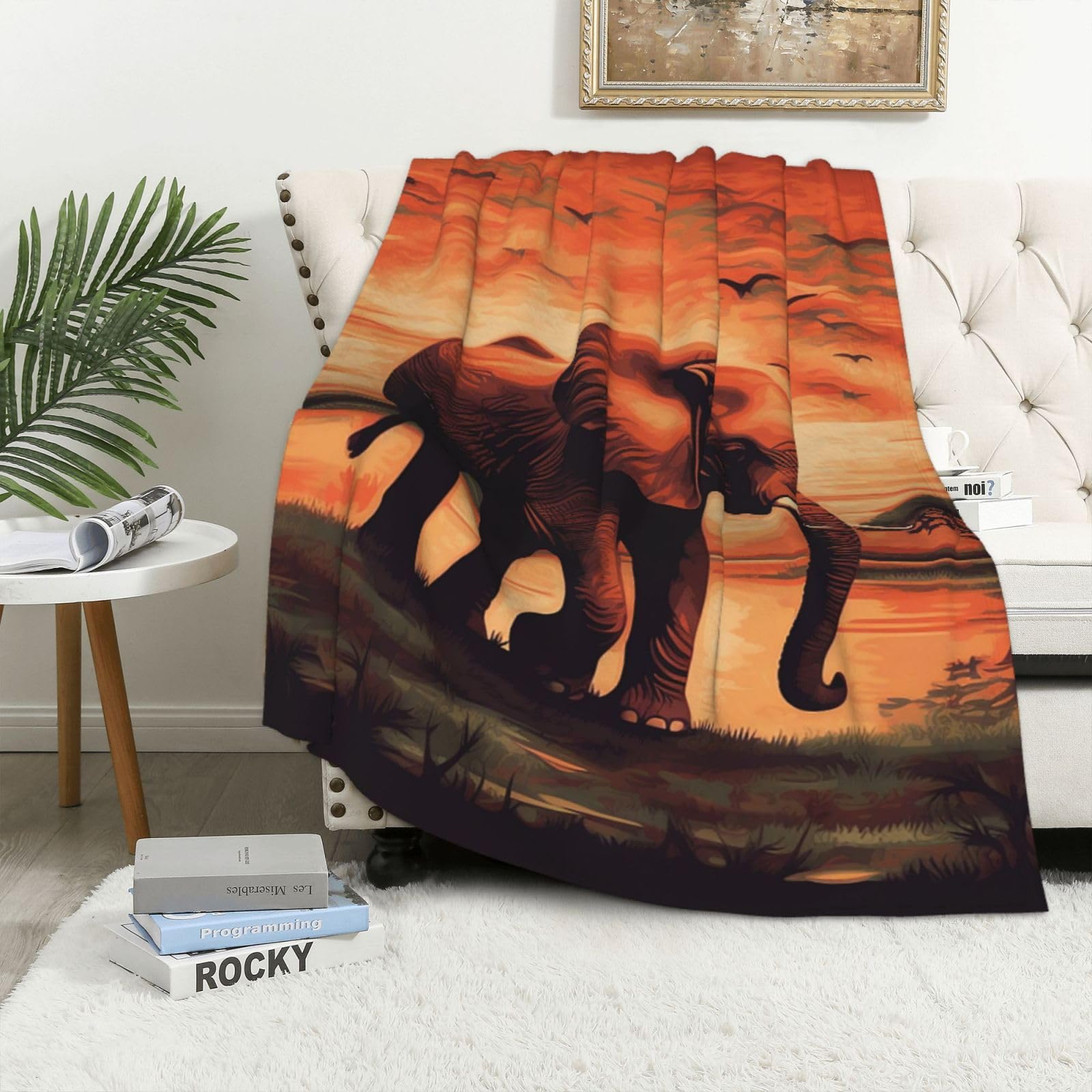 Couverture en flanelle douce et chaude, plaid réversible pelucheux motif éléphant
