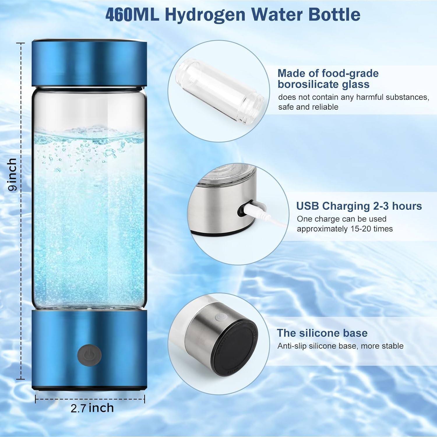 Wasserstoff-Wasserflasche Generator 460ml C-Typ wiederaufladbar tragbare Elektrolyse