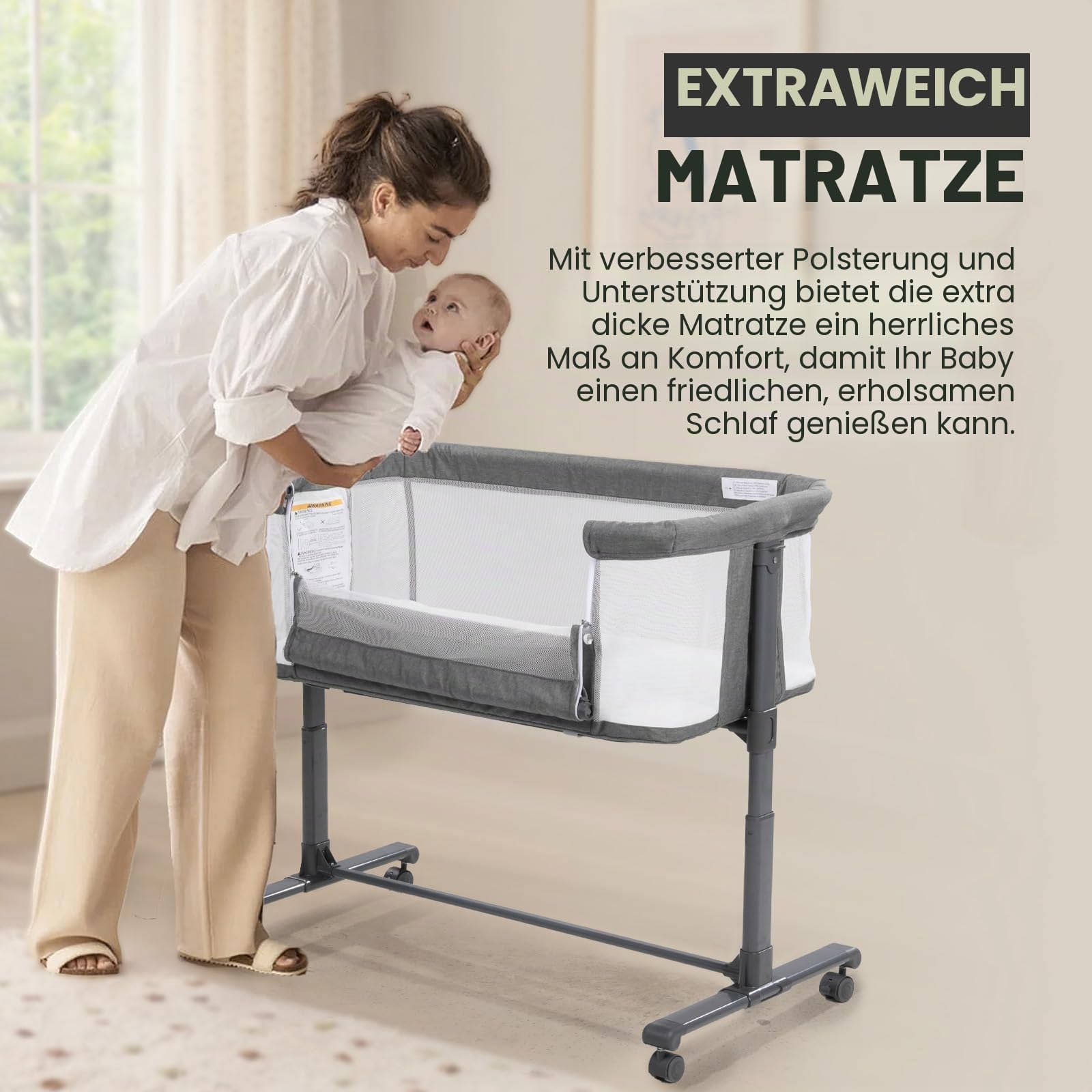 3 in 1 Babybett, Baby Wiege, Baby Stubenwagen, Babybettchen, Beistellbett, Reisebett Tragbares Kinderbett (grau)