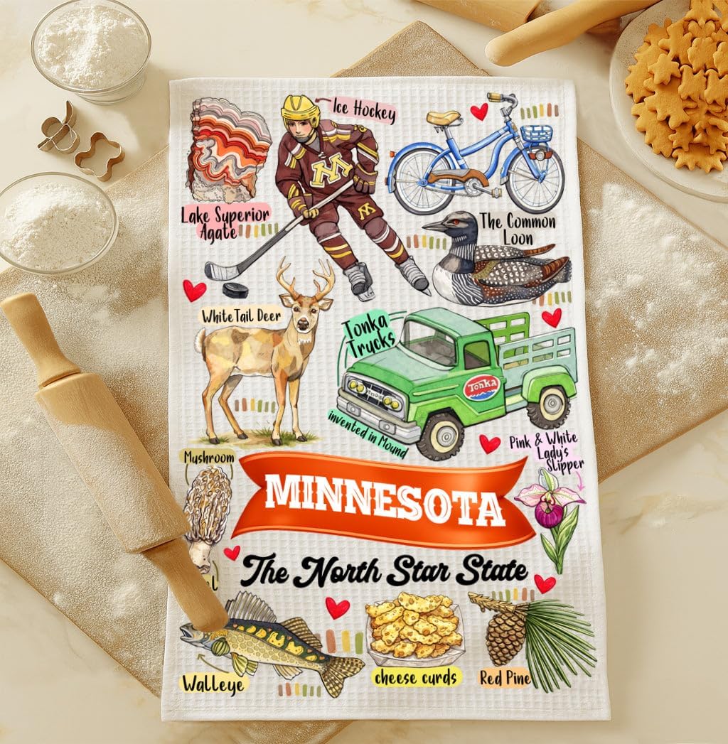 Minnesota Kitchen Towel - State Symbols - Tea and Dish Towel - Gift for Mom - Gift for Minnesota Lovers - Travel Souvenir - Housewarming Present - Kitchen Decor