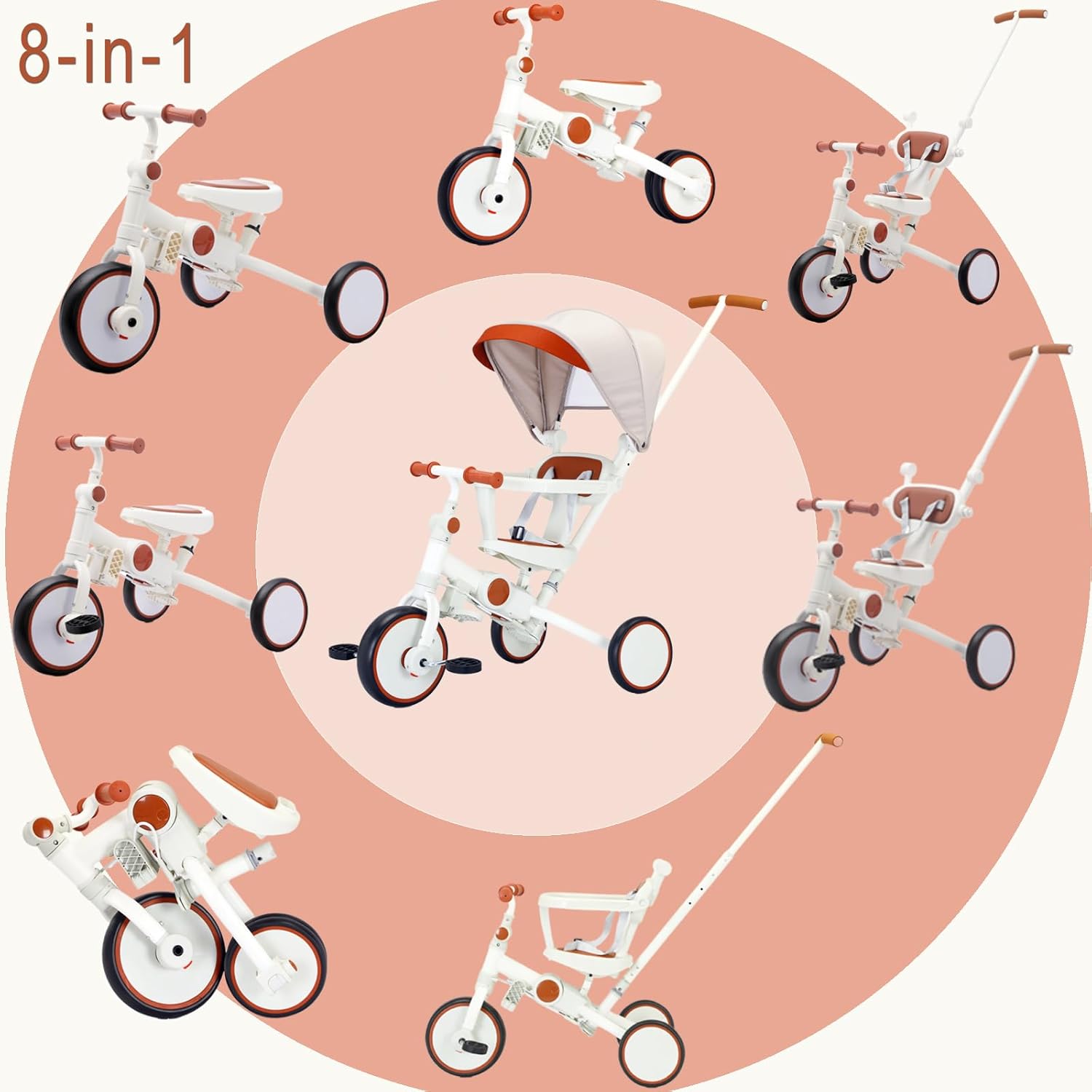 Toddler Push Foldable Tricycle with Canopy, 8 in 1 Balance Trike Baby Bike with Handle Toddler Tricycle for 1-3,Kids Folding Tricycles Chrismas and Birthday Gift for Boy and Girl Trike