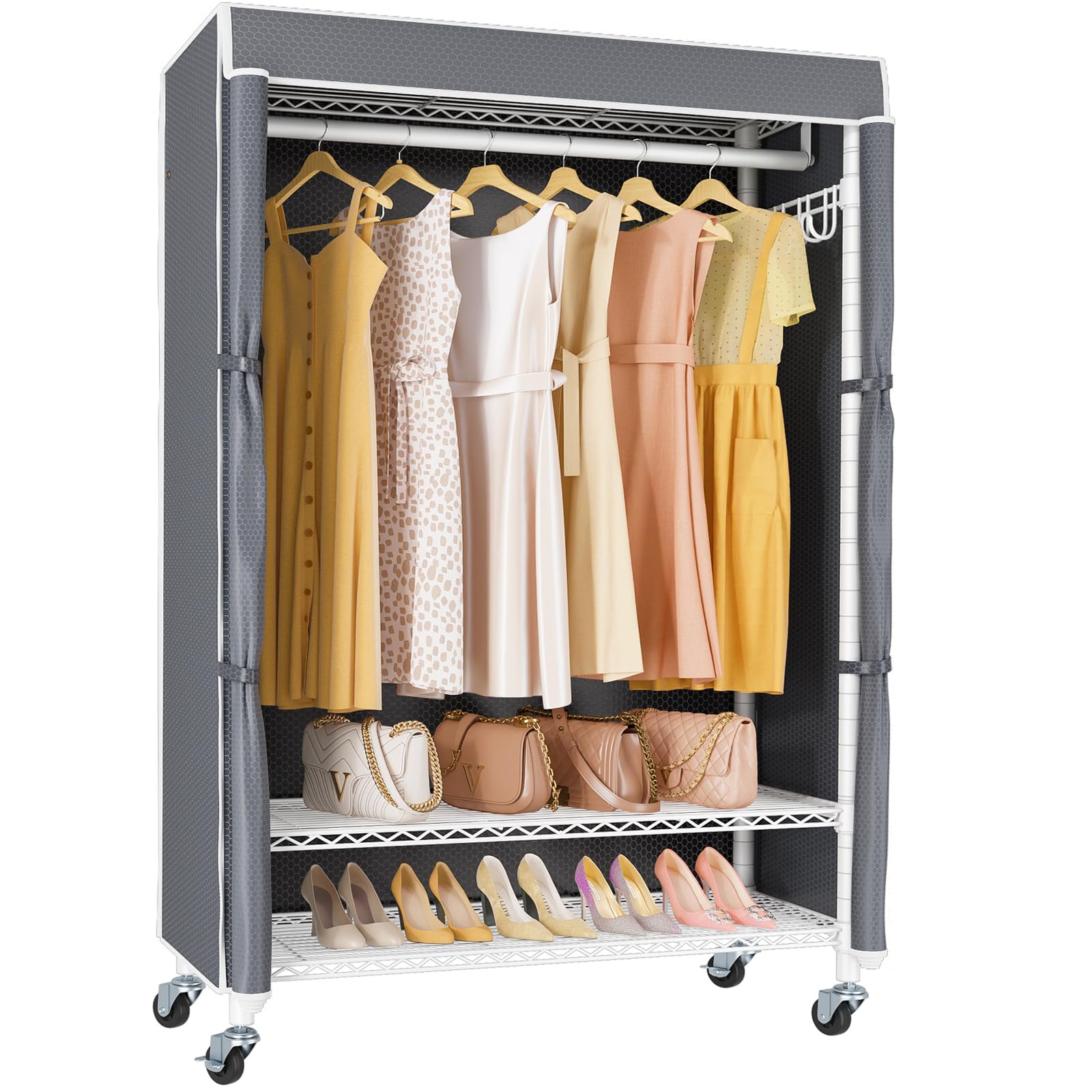 VIPEKX1C Plus Rolling Clothes Rack with Cover Portable Closet for Hanging Clothes, Heavy Duty Garment Rack Freestanding Clothing Rack with Wheels & Hanging Rod, White Closet Rack with Gray Cover