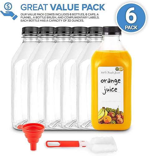 Miniatura 2 de Botellas de jugo de 32 onzas con tapas (paquete de 6) – Contenedores reutilizables de plástico transparente para mini nevera – Botellas de agua a