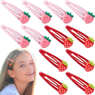 PAGOW 12 Pcs Strawberry Hair Clips, Y2K Cute Hair Barrettes, Fruit Cutecore Hair Accessories, Decorative Metal Snap Hair Clips for Women (Red, Dark Pink)