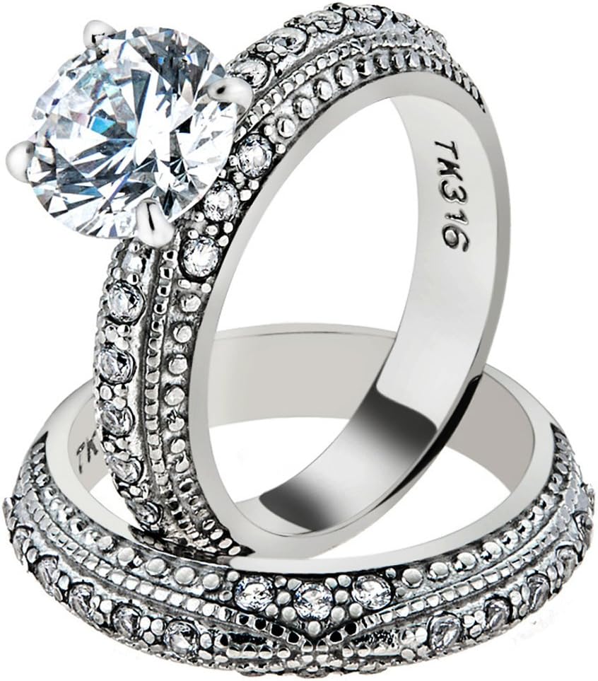 Marimor Jewelry 3.25 Carat Round Cut Cubic Zirconia Vintage Stainless Steel Wedding Ring Set Women's Size 5-10