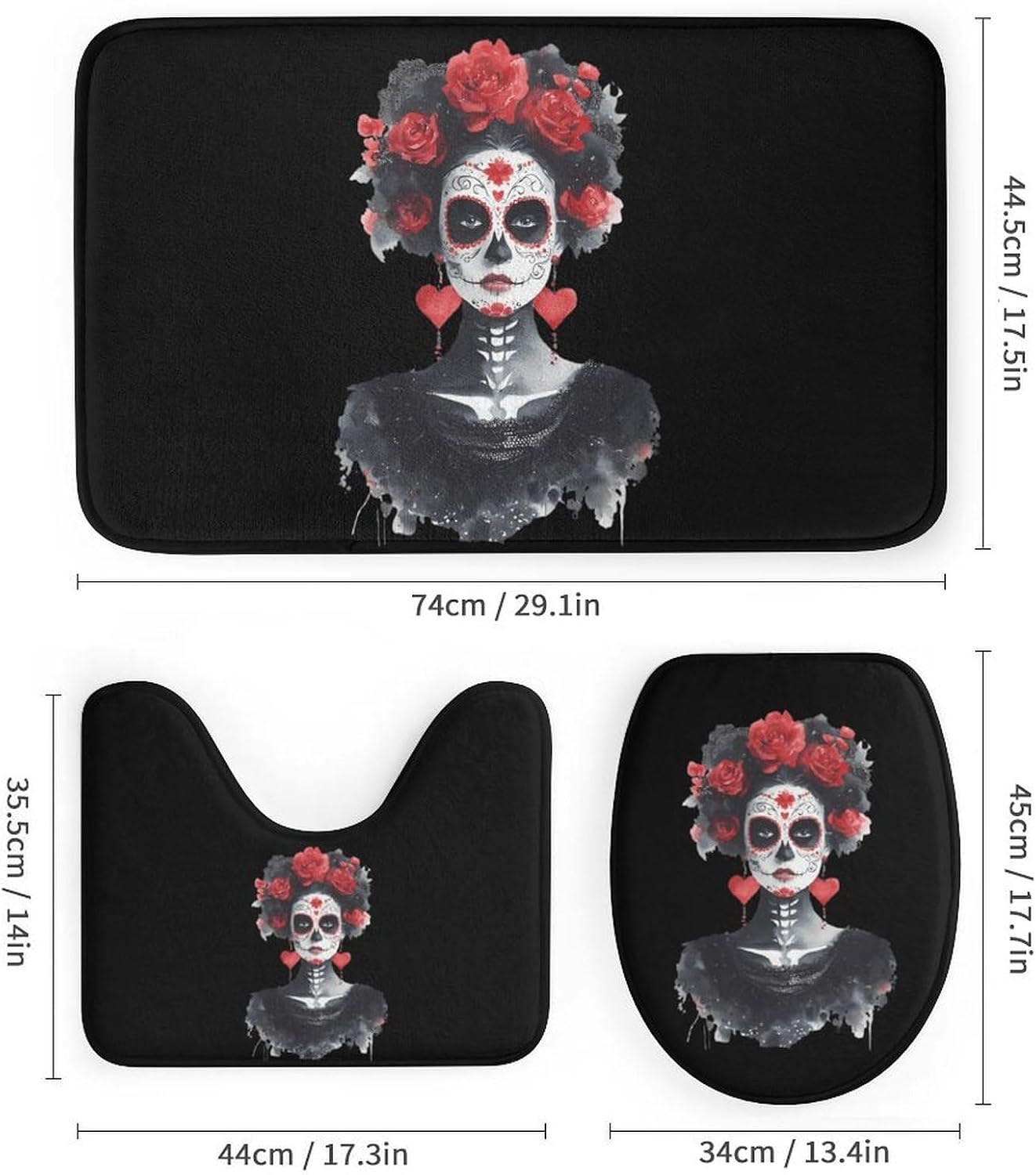 La Calavera Catrina Dia De Los Muertos Day Bathroom Set with Shower Curtain Rugs Toilet Lid Cover and Floor Mats 4 Piece