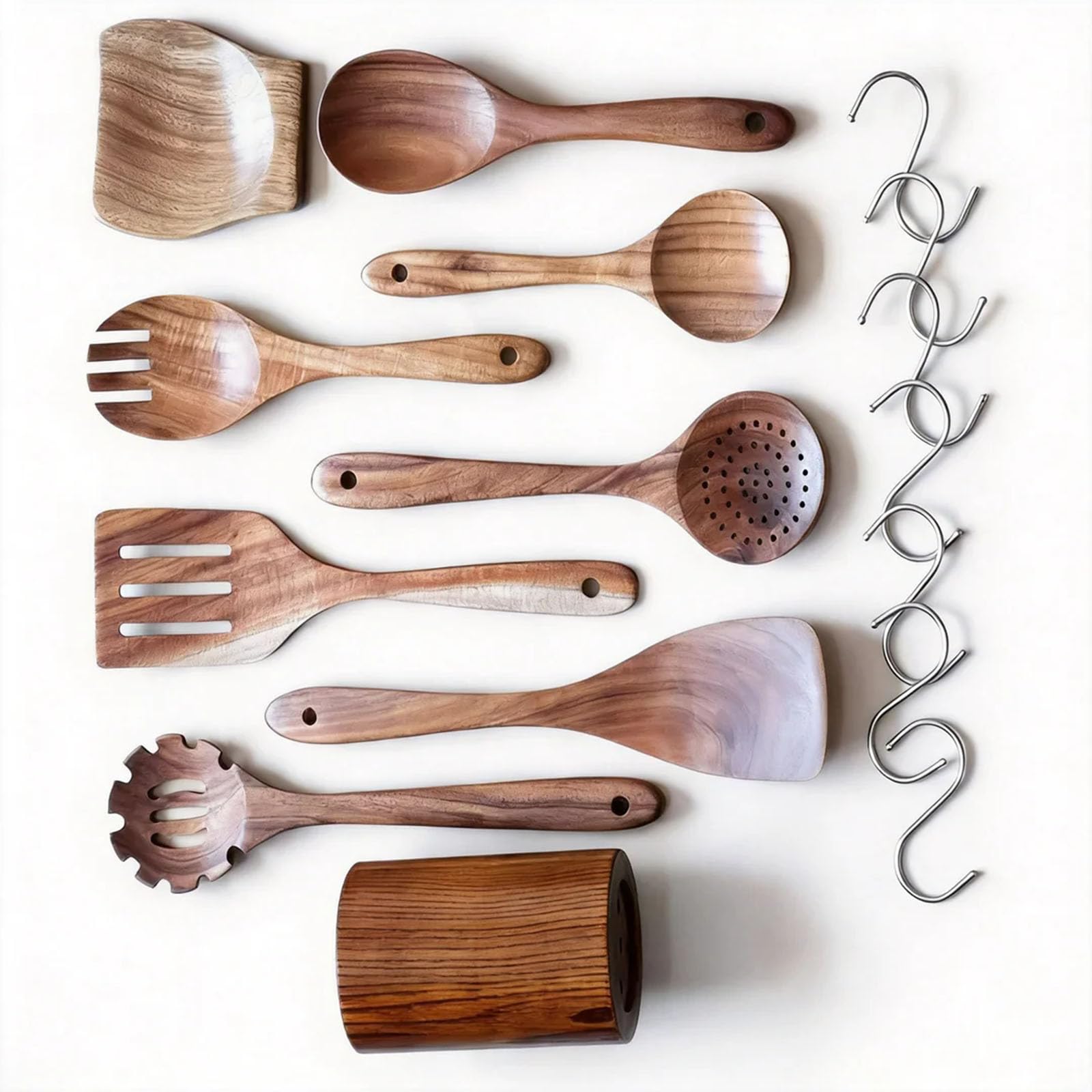 Küchenutensilien Holzspatel Set Mit Loch Küchenutensilien Set Holzlöffel Kochen Besteckhalter Kuechenhelfer Set Mit Pfannenwender,BPA-frei, Robust Kochbesteck Für Antihaft Pfannen 7 Teiliges
