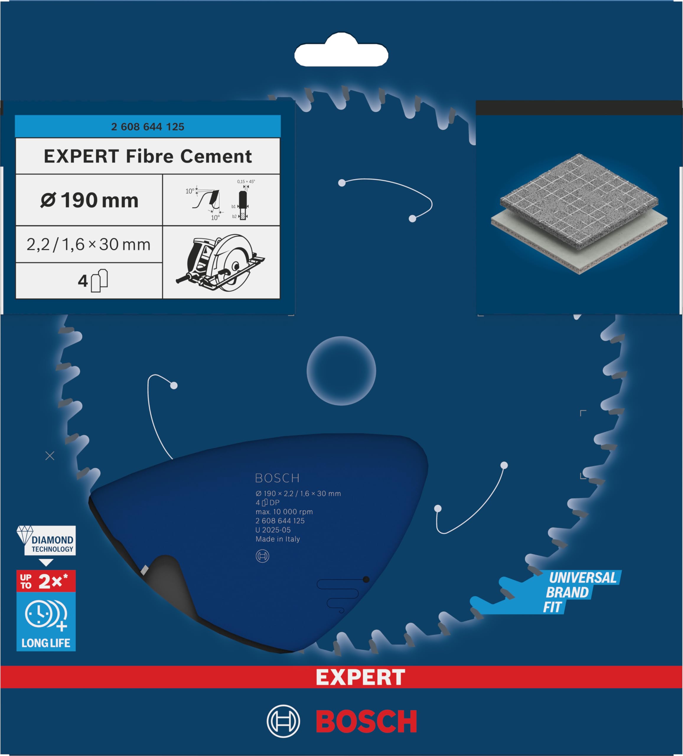 Bosch Professional Brzeszczot do piły tarczowej Expert for Fiber Cement (cement włókniny, 190 x 30 x 2,2 mm, 4 zęby, akcesoria do piły tarczowej)