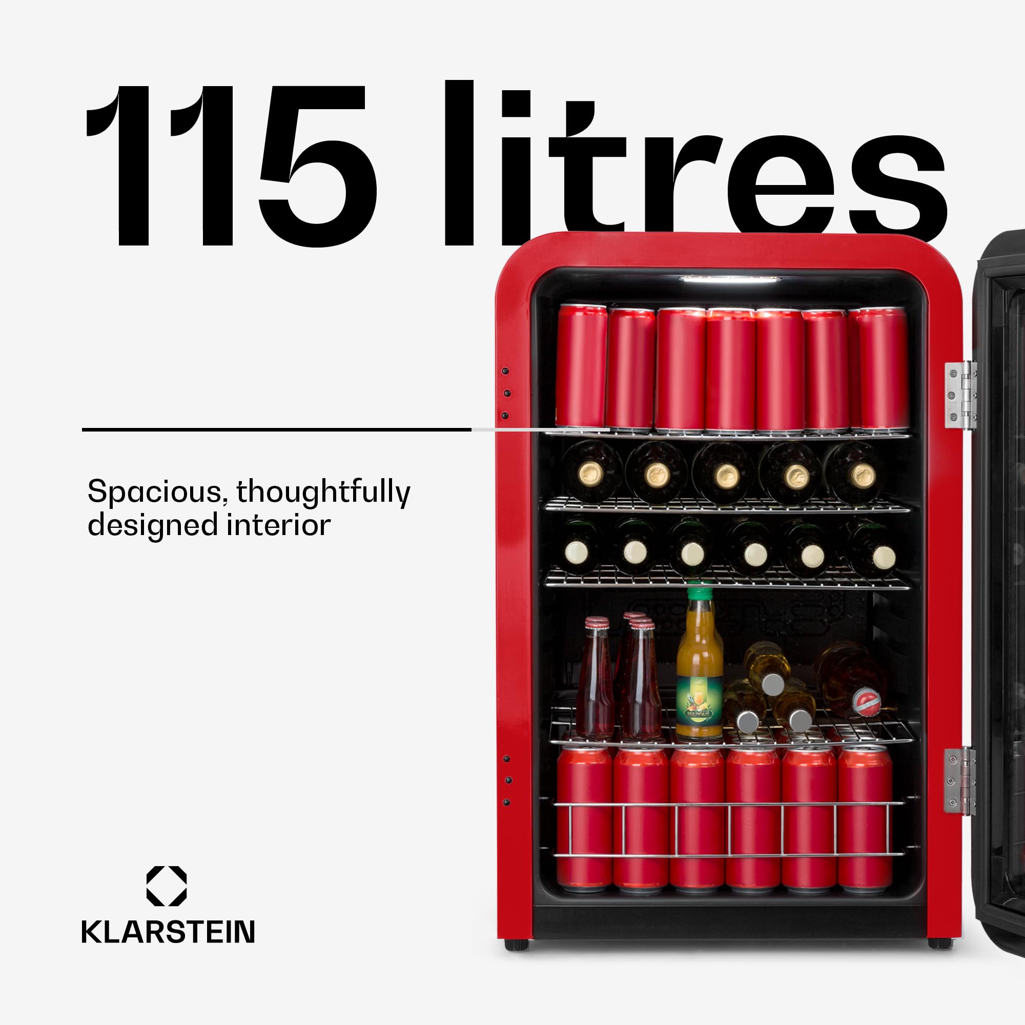 Klarstein PopLife Chłodziarka na napoje - Minibar, Lodówka retro, 0-10 °C, tylko 39 dB, 115 L, przyjazna dla środowiska, Drzwi z podwójną szybą, Design retro, czerwona