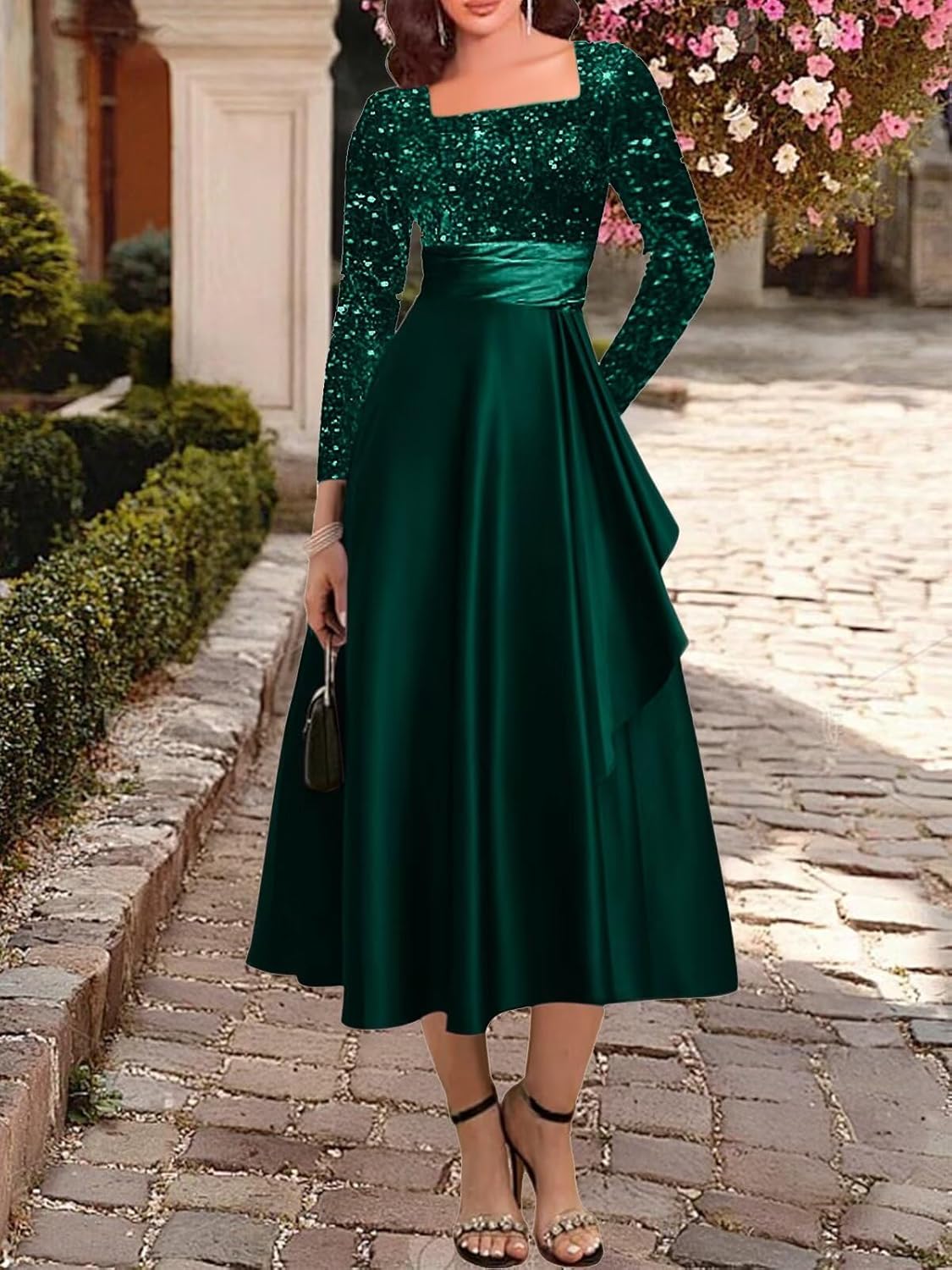 Sequin Mother of The Bride Dresses for Women Tea Length Formal Wedding Guest Dress with Sleeves AD191 - Image 3