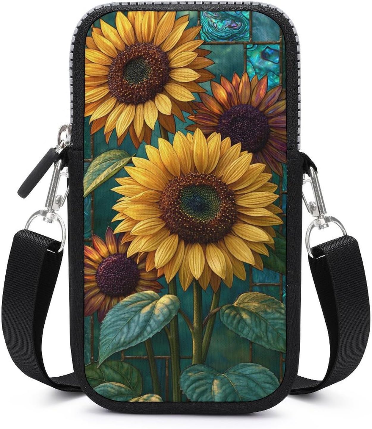 Rustic Stained Glass Sunflowers in A Field Crossbody Mobile Phone Bag Smartphone Bag With Adjustable Strap