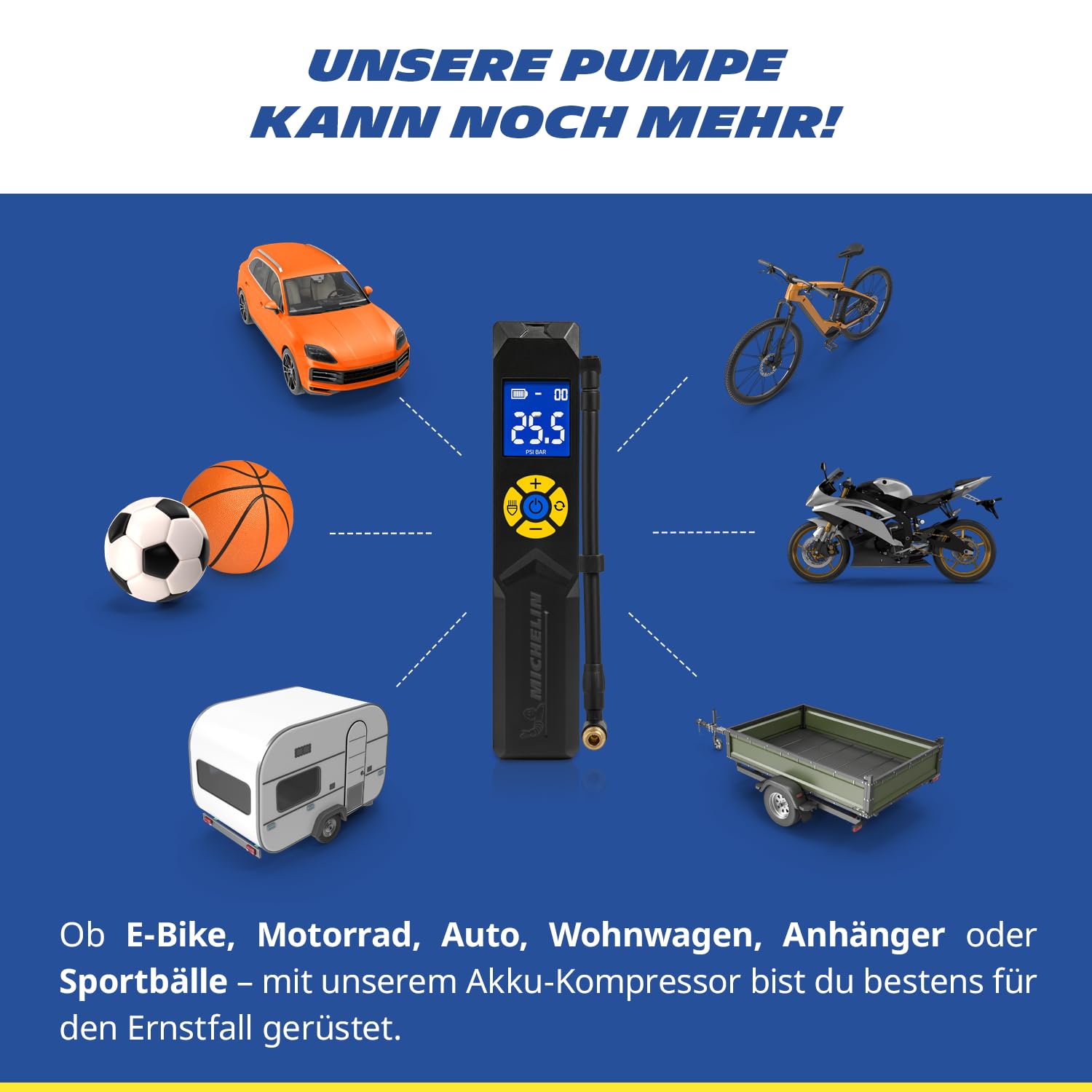 MICHELIN Air Power Mini 1 Li-Ionen Akku Mini-Kompressor kabellos – Elektrische Luftpumpe 9,9 bar mit Digitaldisplay, Auto-Stopp & LED für Auto, Fahrrad, E-Bike & Motorrad | Elektrische Luftpumpe 9,9 bar mit Digitaldisplay, Auto-Stopp & LED für Auto, Fahrr