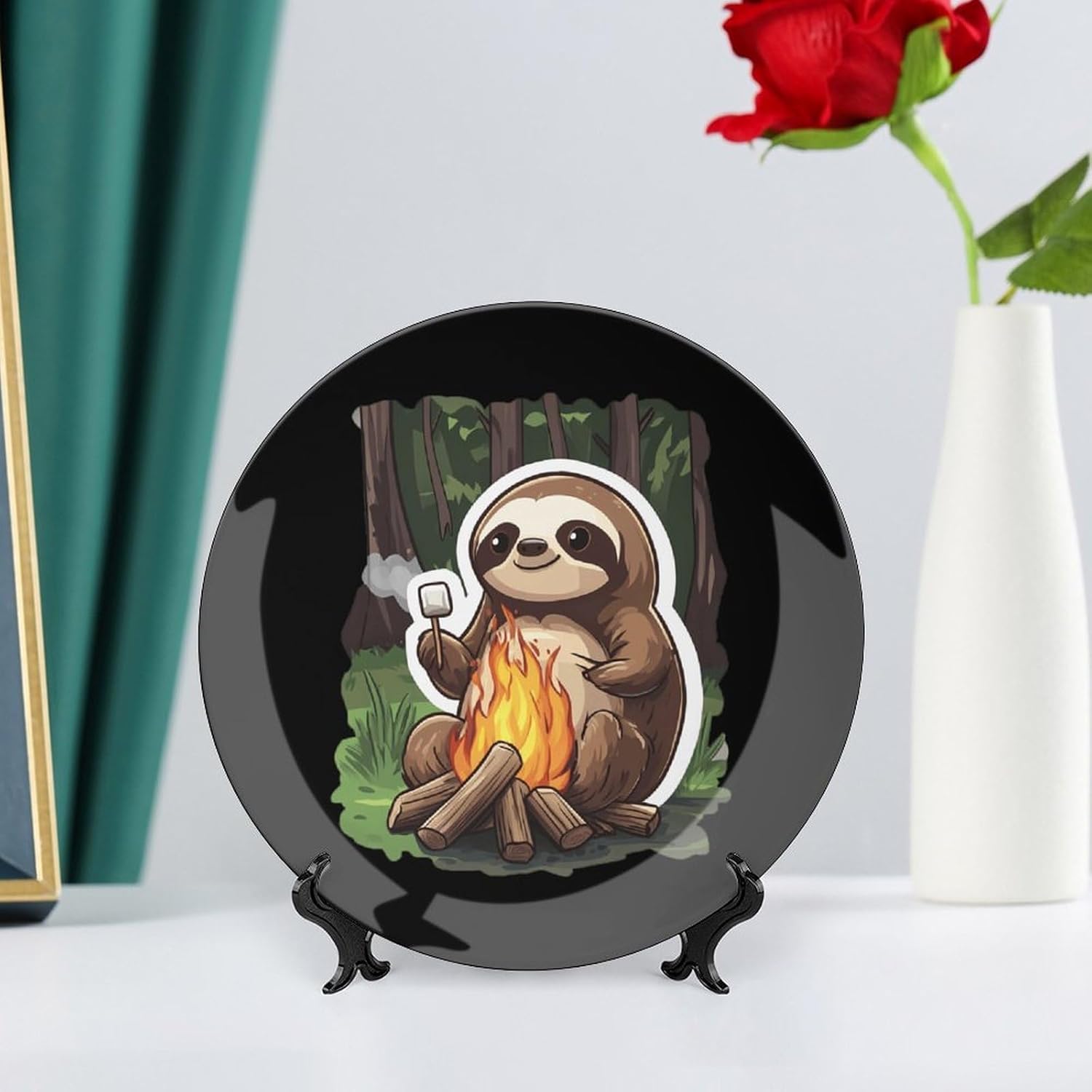 Campfire Sloth Decorative Plates for Display Ceramic Plate Tray with Stand Hanger Home Decor