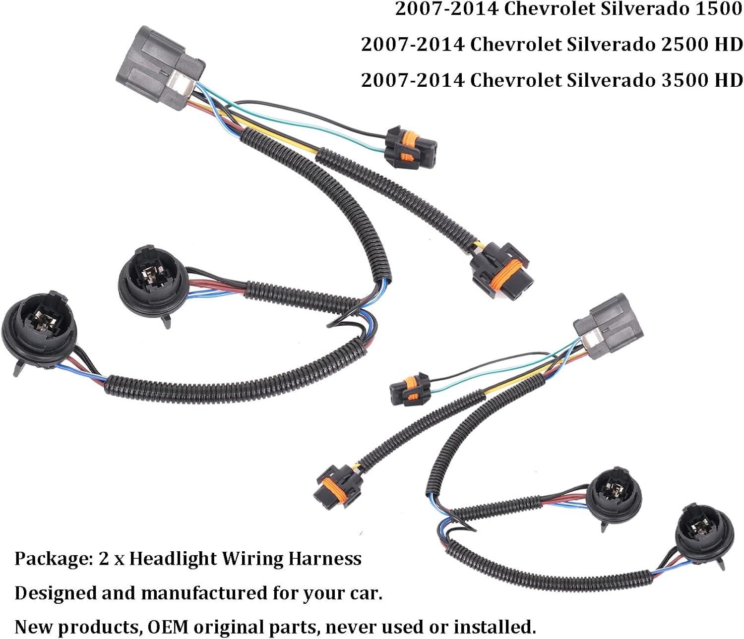Headlight Wiring Harness Compatible with 2007 2008 2009 2010 2011 2012 2013 2014 Chevy Silverado Front Lamp Socket Wire, 2-Pieces